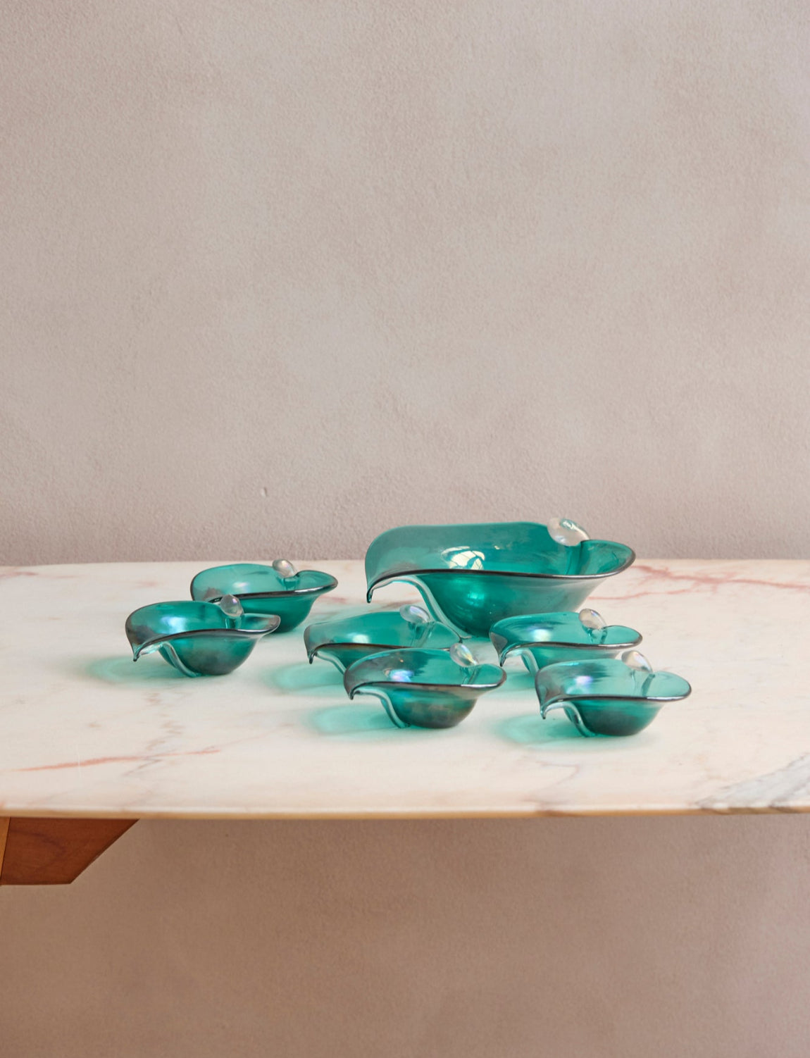 1950s Deep Marine Leaf Set by Alfredo Barbini- Bowl & 6 Cups