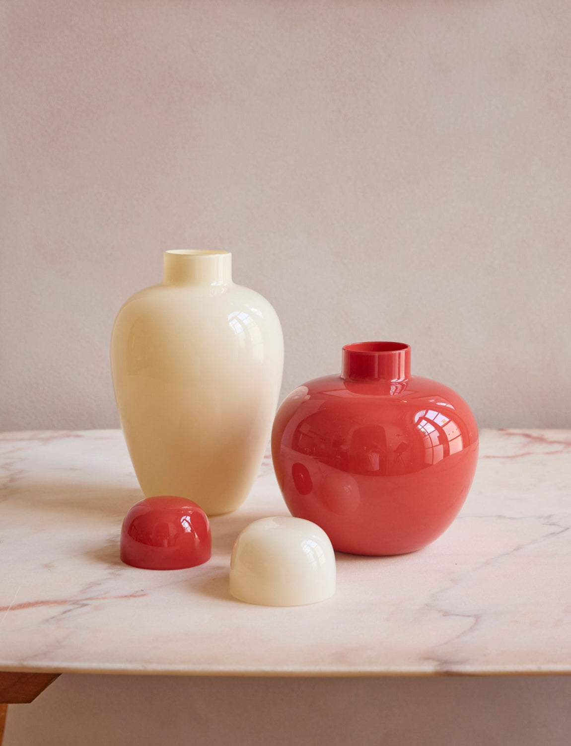 1970s Tomato and Cream Tobia Scarpa Vases from the Oriental Series, Venini