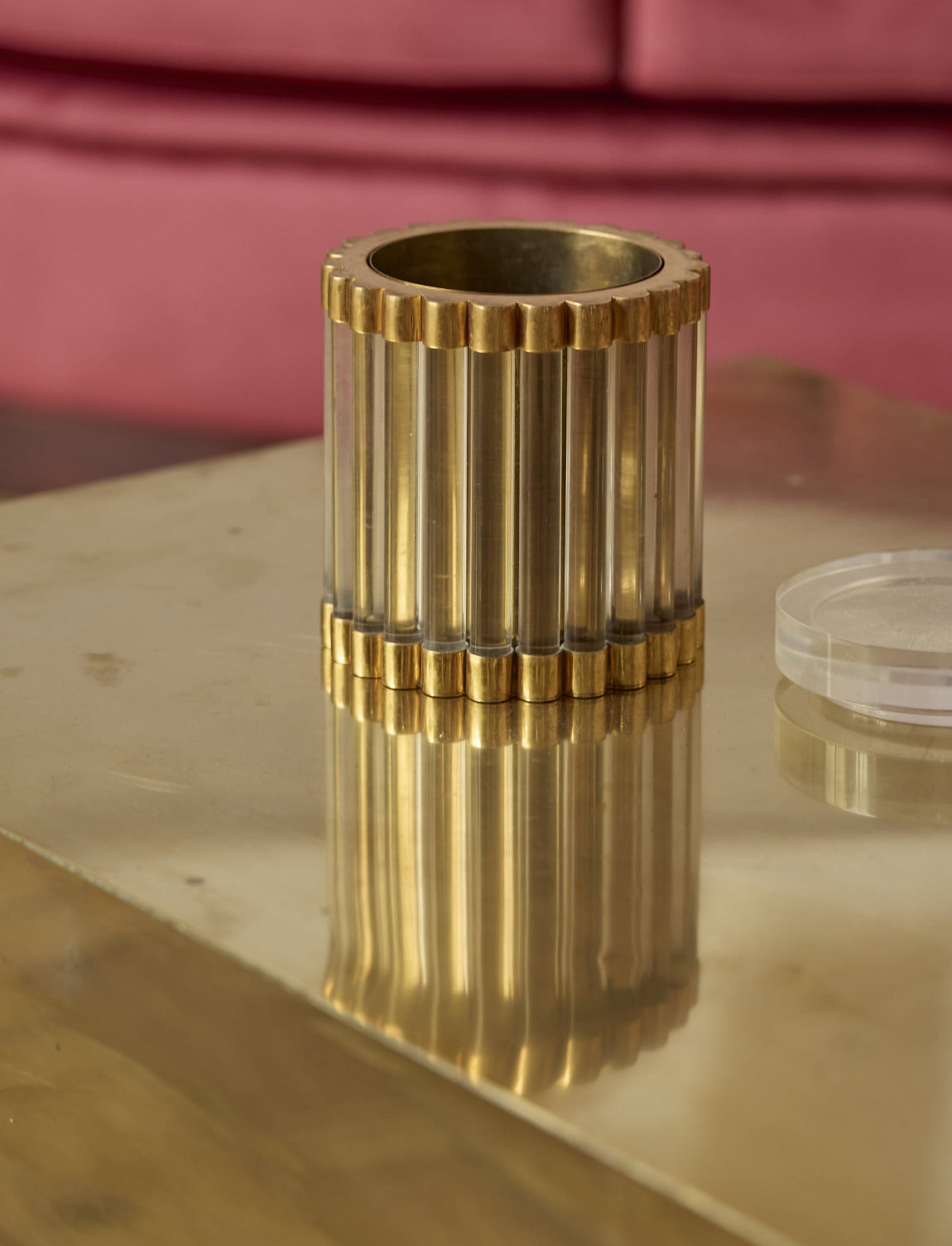 1970s Signed Gabriella Crespi Brass and Plexiglass Pot