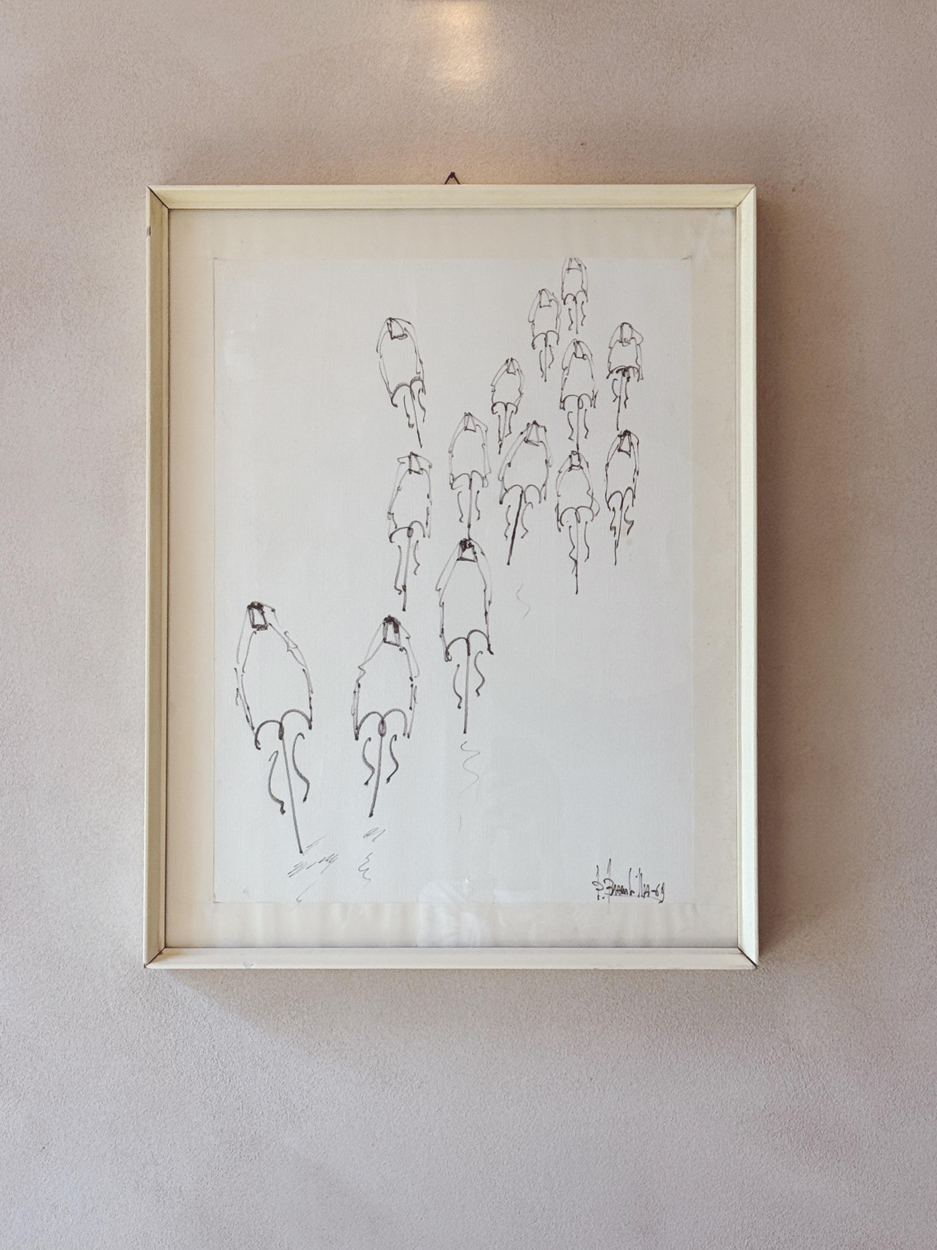 'I Ciclisti', Paolo Branbilla 1969, Pen on paper