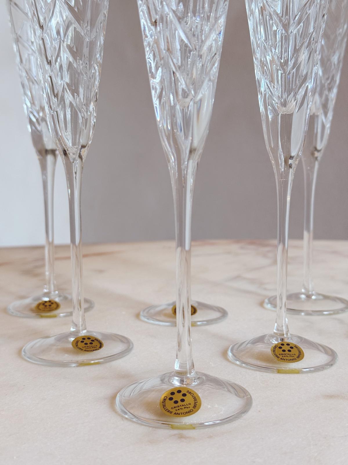 Set of Six 1970s Italian Carved Crystal Flutes