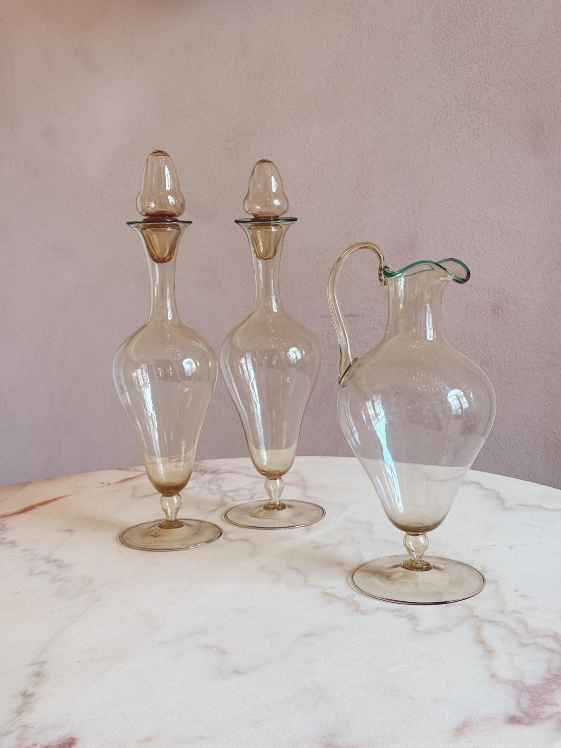 Pair of 1940s Hand-Blown Murano Glass Decanters & 1 Water Jug