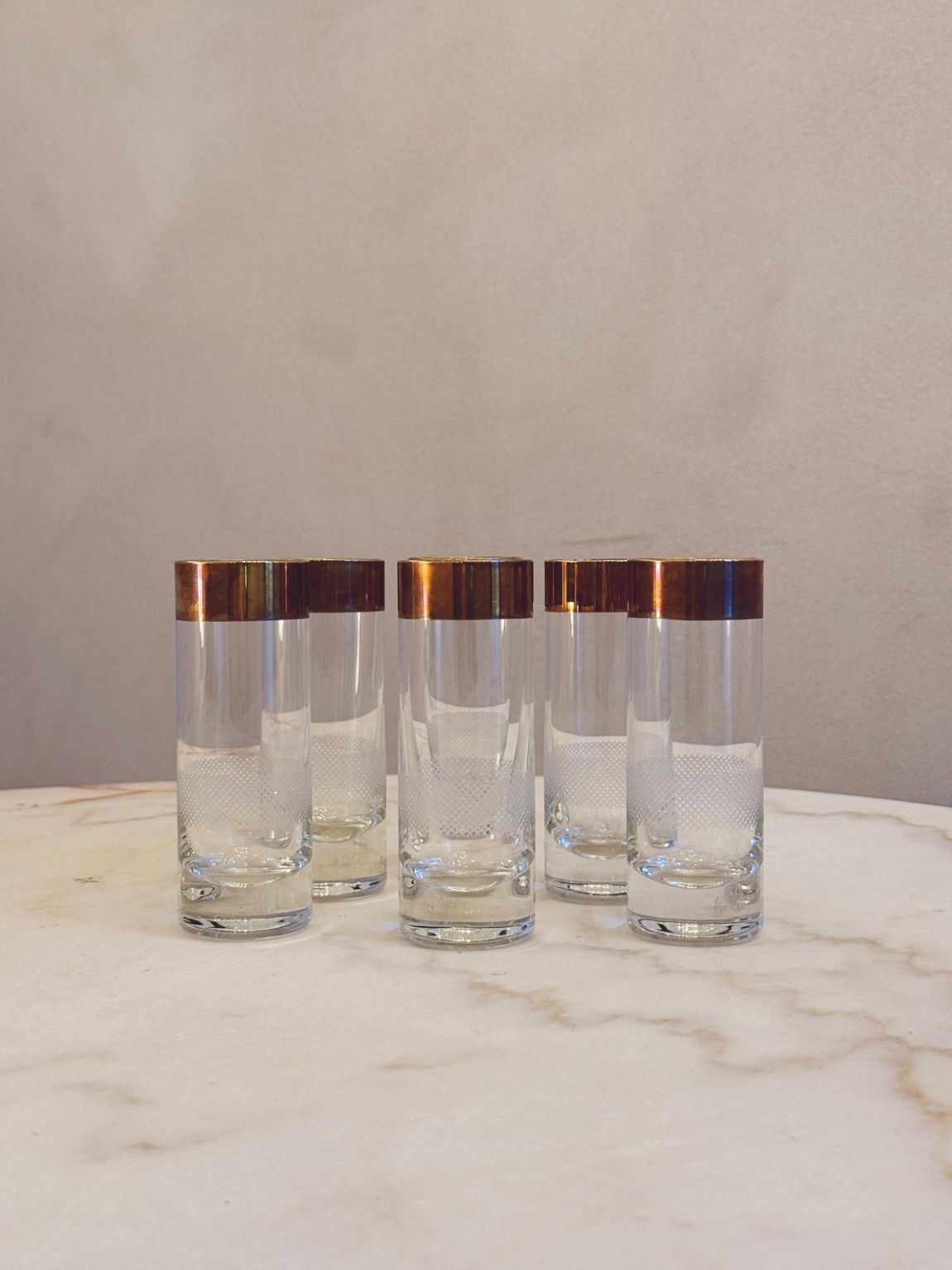 Set of six 1970s Gold topped Aperitivo glasses