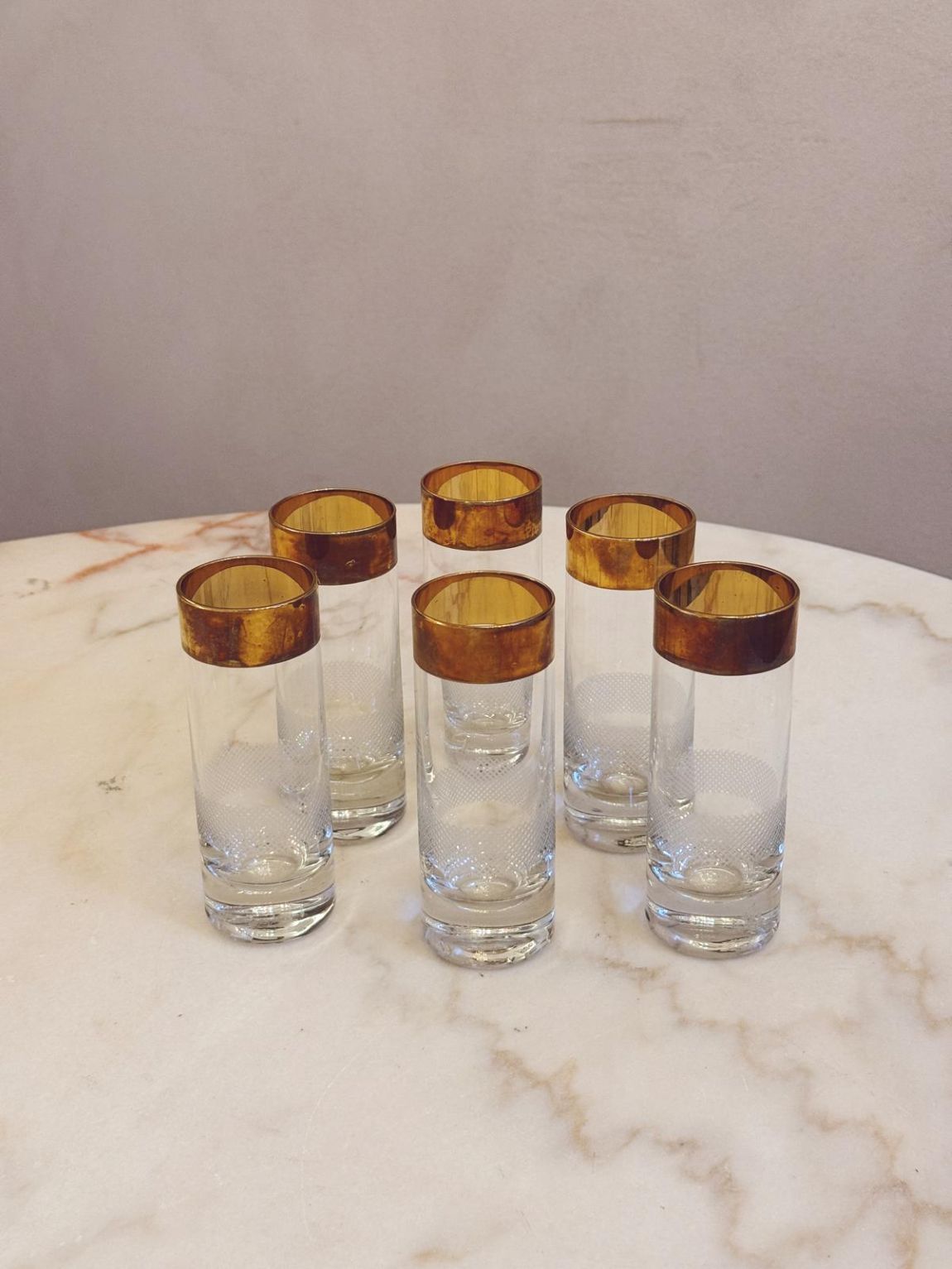Set of six 1970s Gold topped Aperitivo glasses
