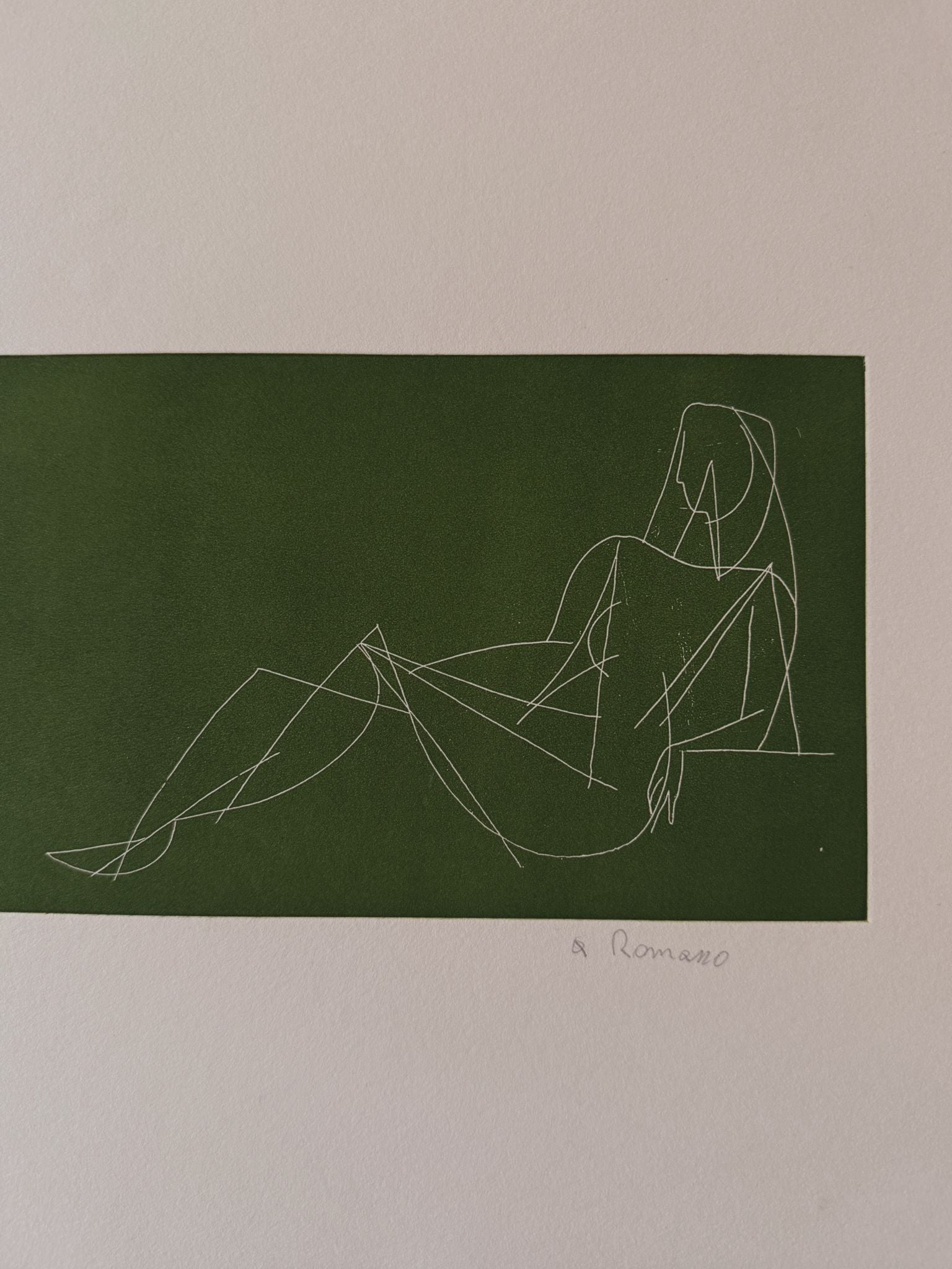 White on green, Reclining Nude, Lithograph, 1976 A. Romano
