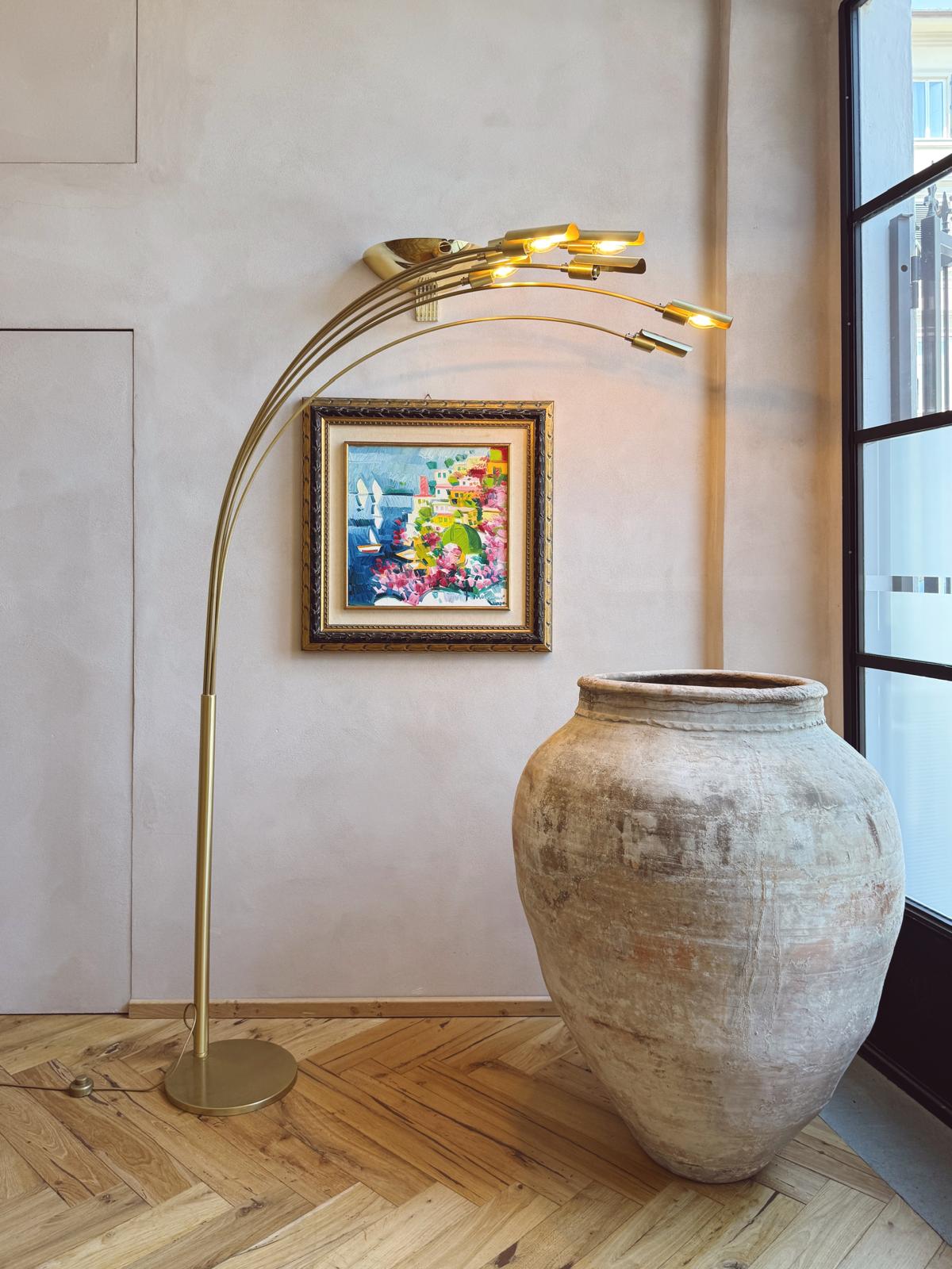 Large 1970s Brass Floor Lamp with curved metal branches
