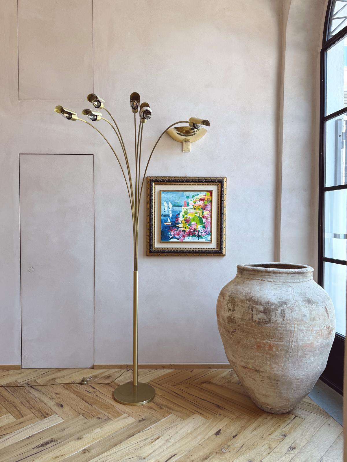 Large 1970s Brass Floor Lamp with curved metal branches