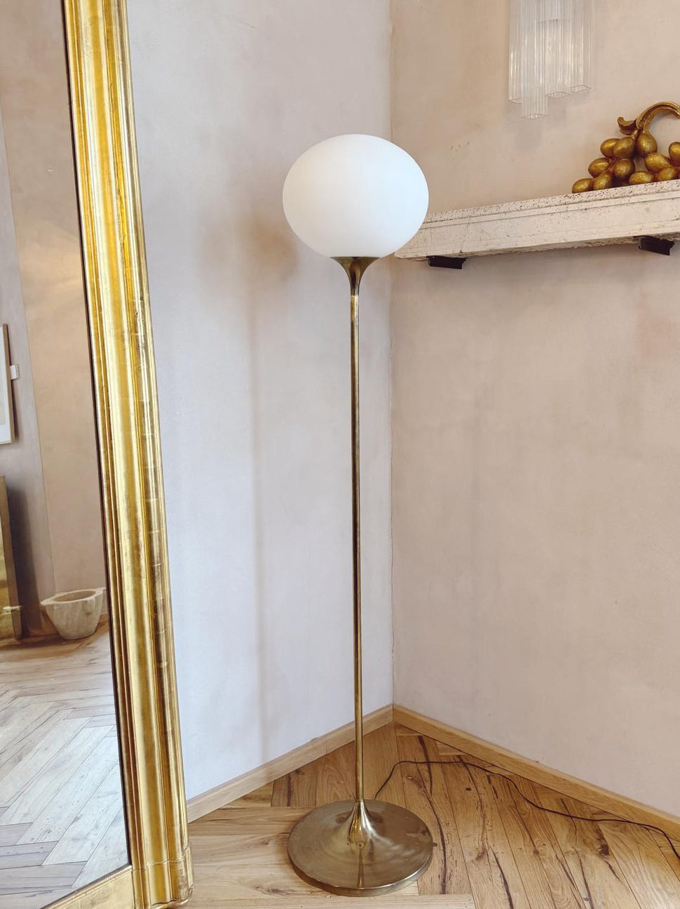 1970s Brass Floor Lamp with Large Glass Frosted Ball