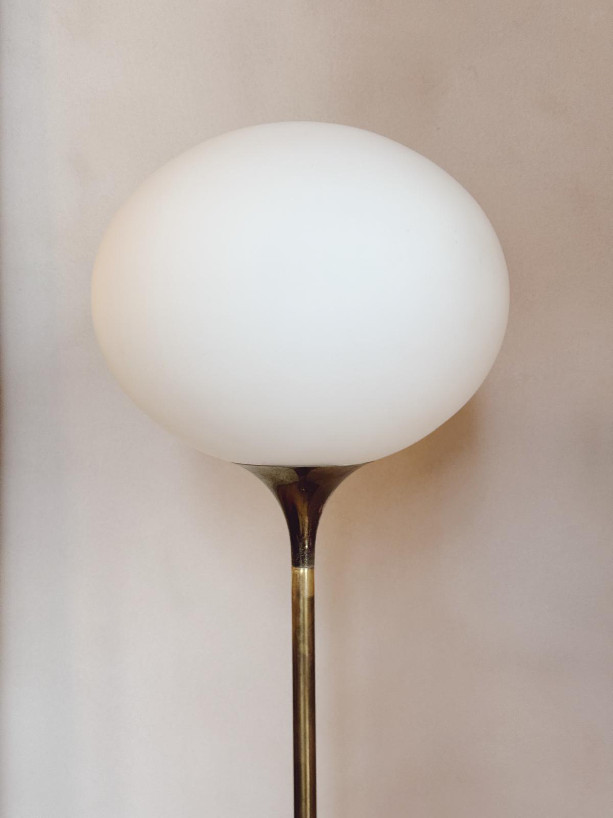 1970s Brass Floor Lamp with Large Glass Frosted Ball