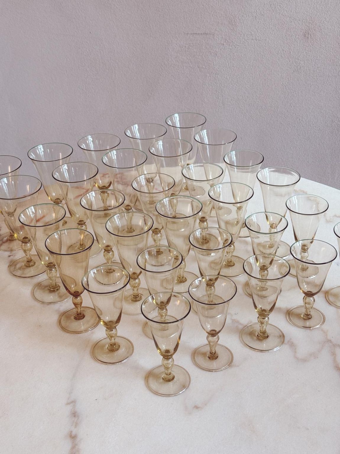 1940s Murano Glass Three Piece Wine Glass Set (Red, White, Dessert) - 30 pieces