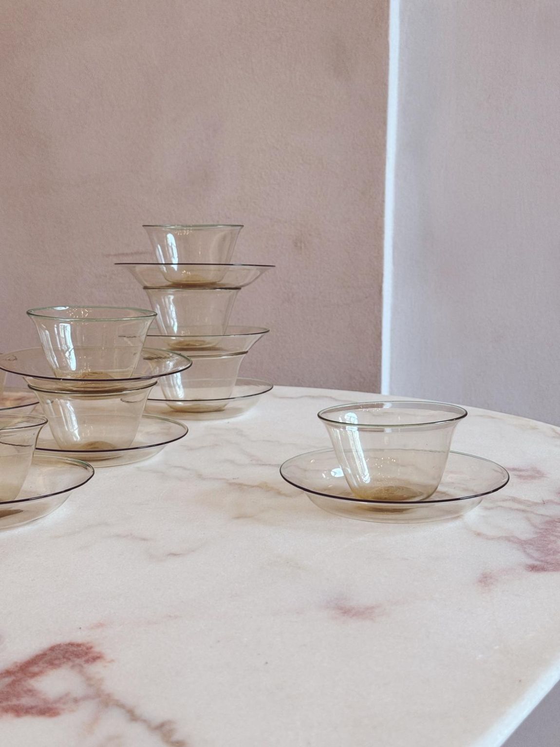 1940s Hand-Blown Murano Glass Gelato Bowls & Saucers (Set of 14)