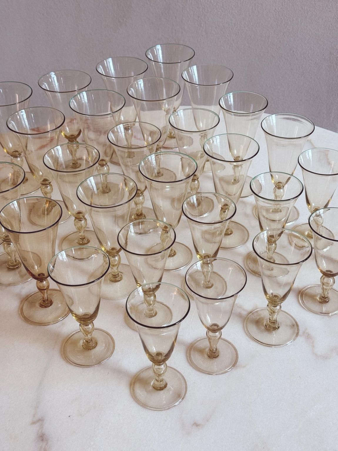 1940s Murano Glass Three Piece Wine Glass Set (Red, White, Dessert) - 30 pieces