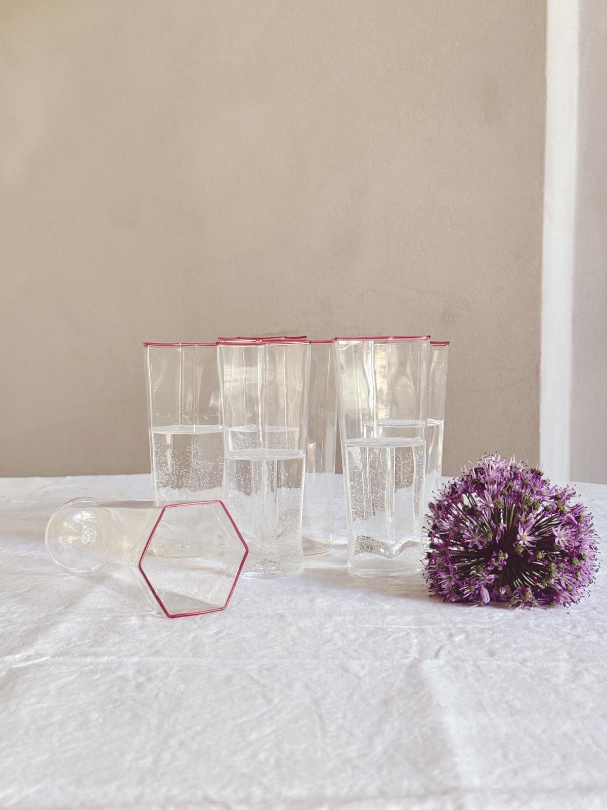1940s Ultra-Fine Hexagonal Murano Glasses with pink rim, set of 8