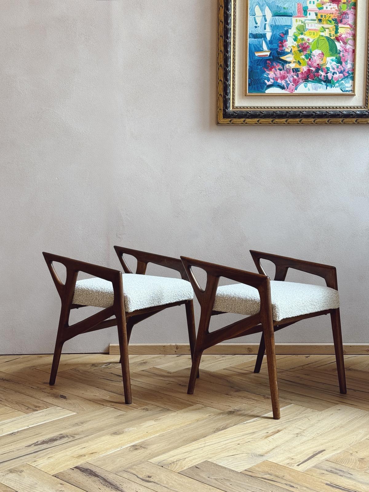 1950s Pair of Sculpted Stools by Gio Ponti. Reupholstered in Boucle. Model 687