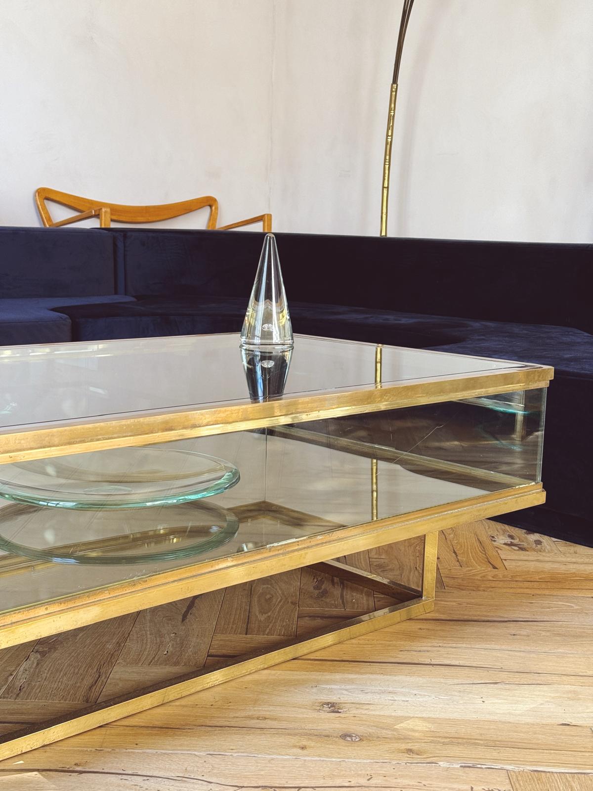 1960s Brass and Glass Coffee Table with sliding top