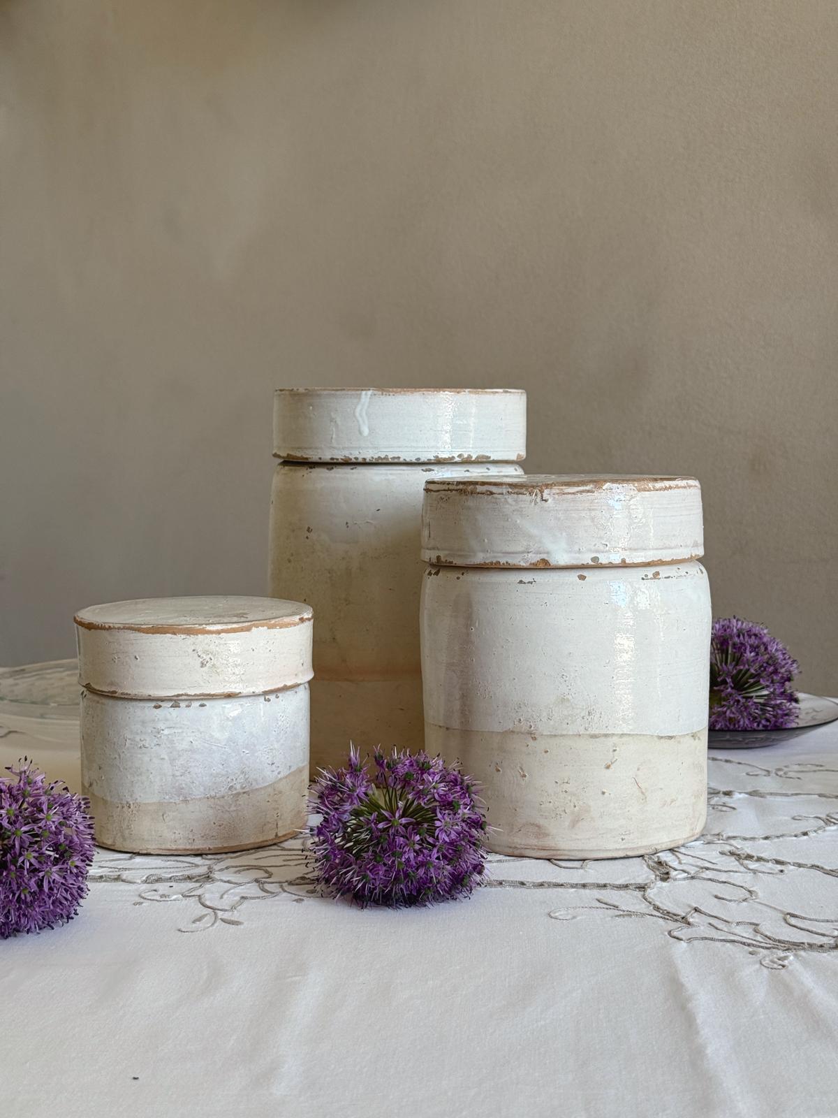 1940s Set of 3 Pugliese Cream Ceramic Pots