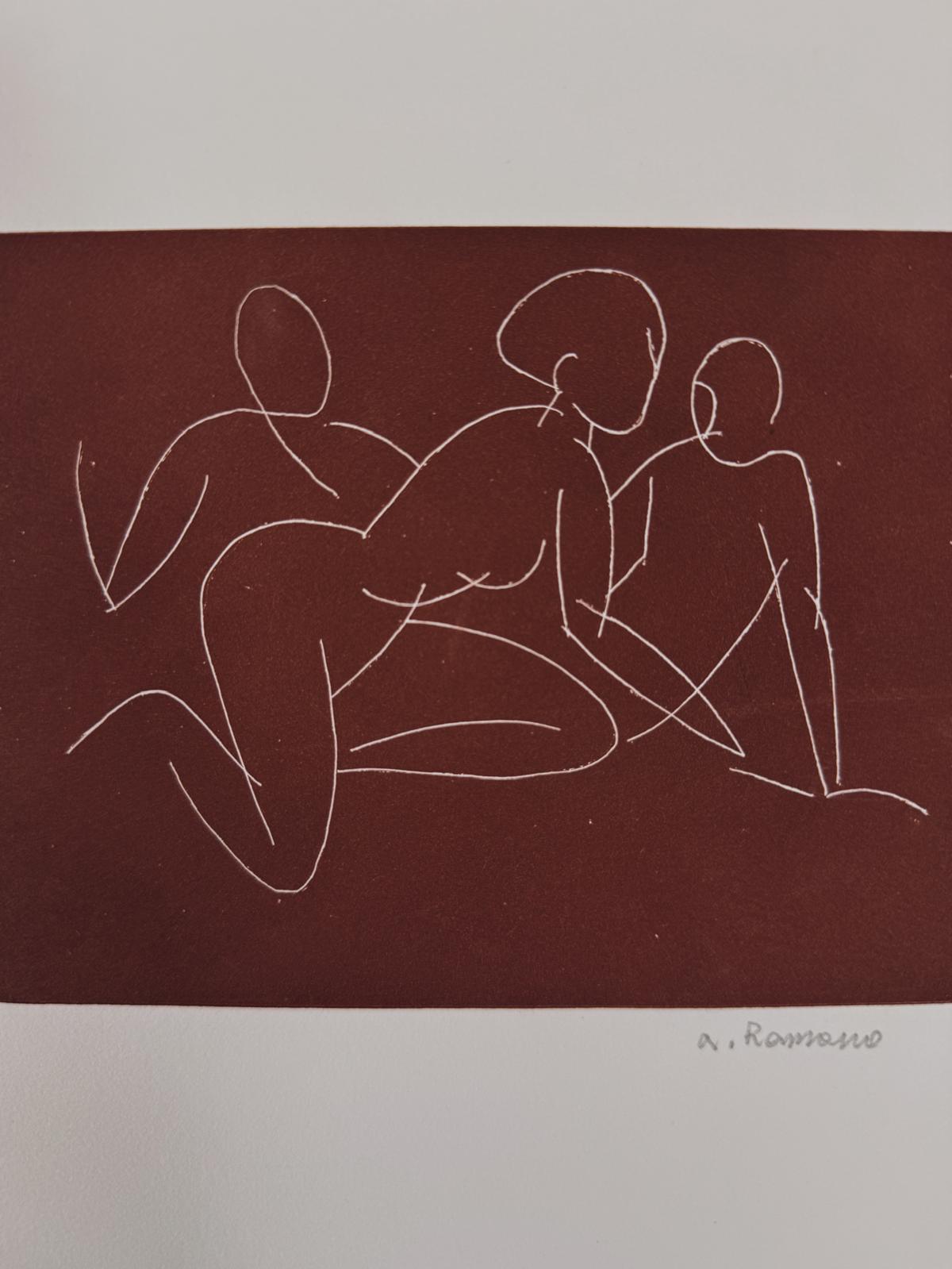White on faded black, Three Small Women, Lithograph, 1976 A. Romano