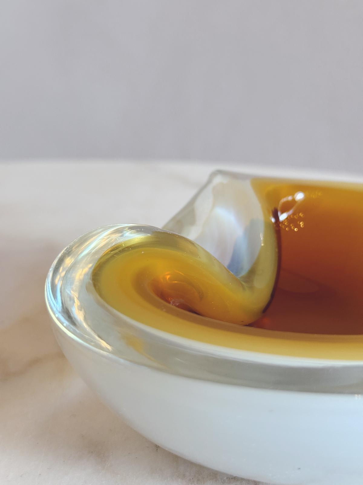1970s Hand-blown Murano Glass White and Amber Bowl