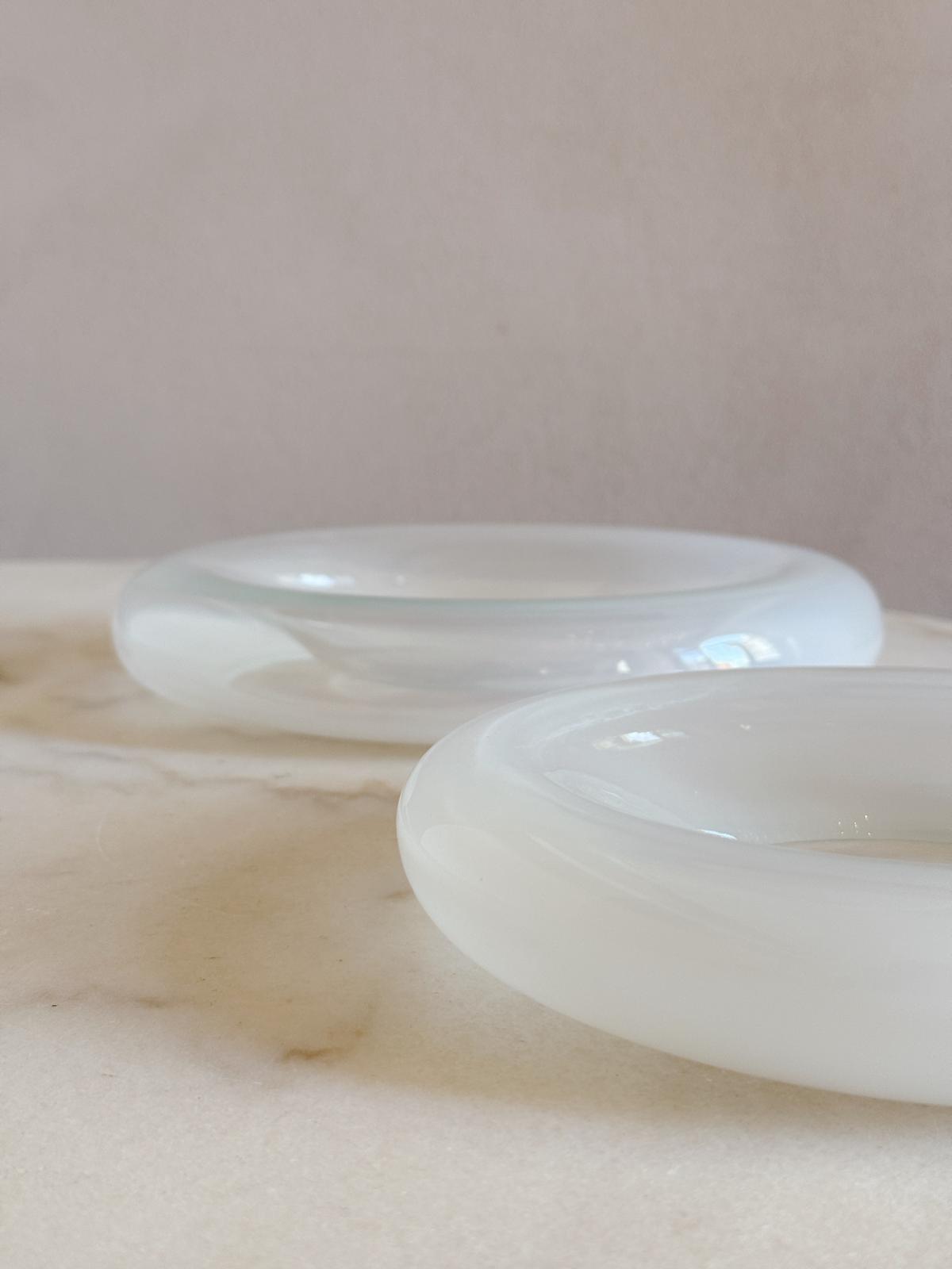 Pair of 1960s White Opaline Murano Glass Bowls