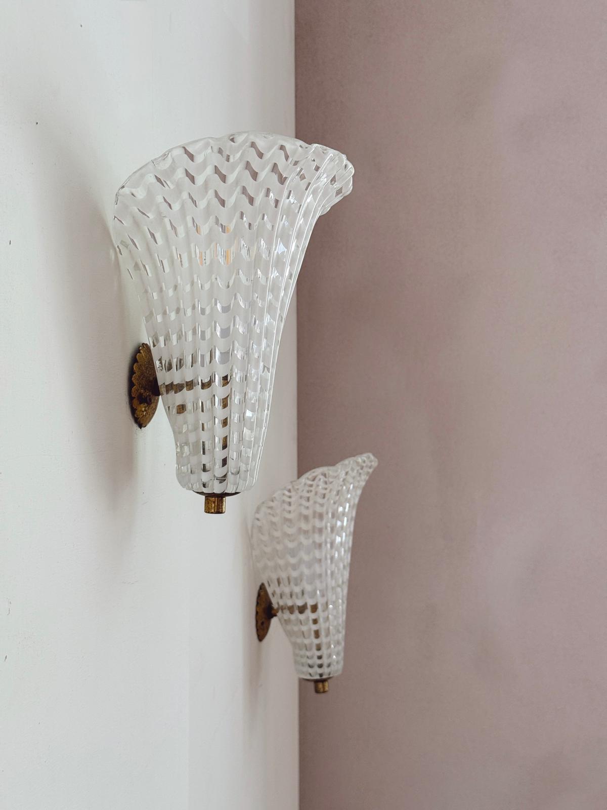 Pair of 1950s Murano Glass Reticello Appliques