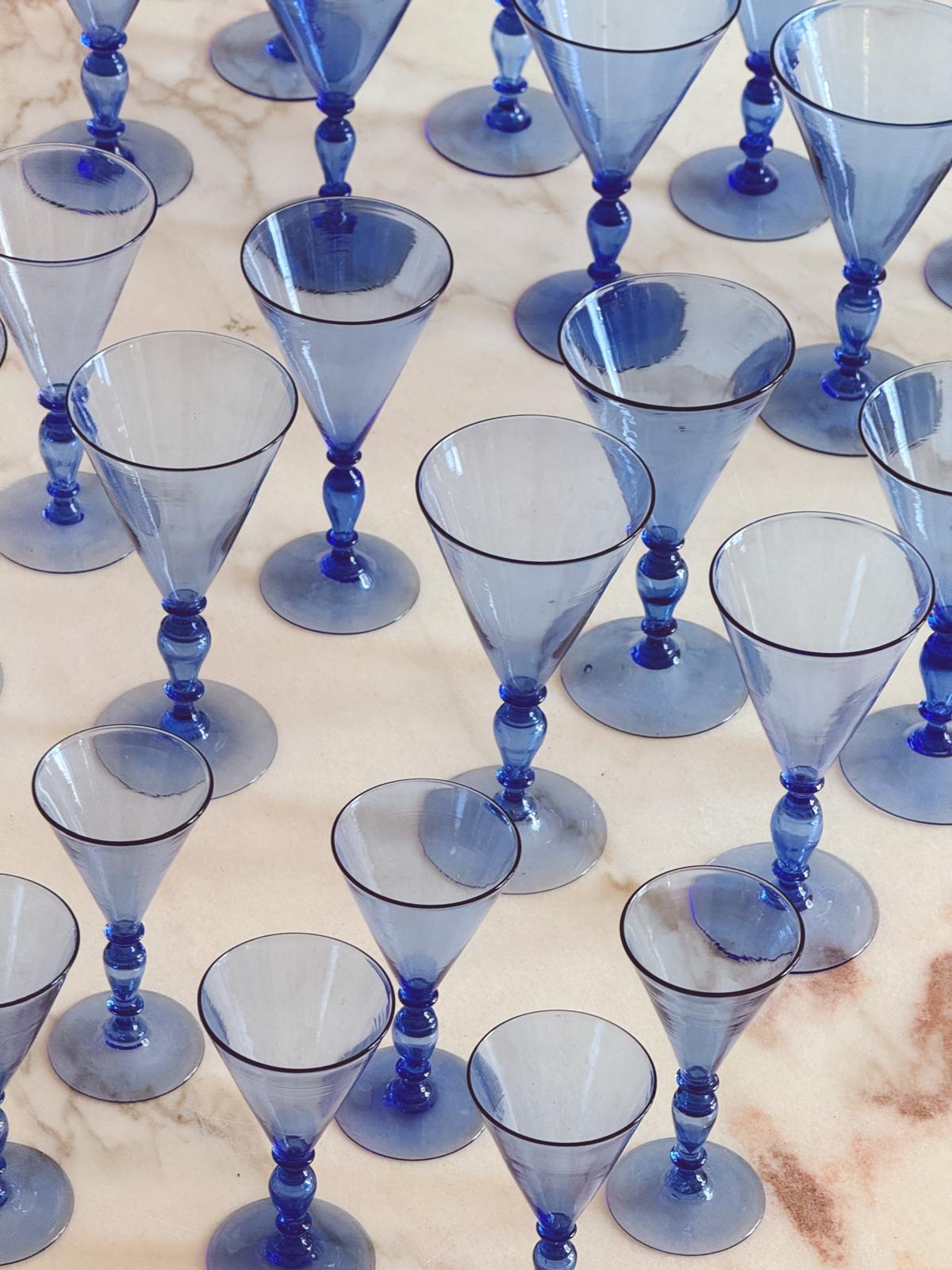 30 Piece, 1920s Barovier Blue Hand-blown Red, White & Dessert Wine Glasses (Set of 10)