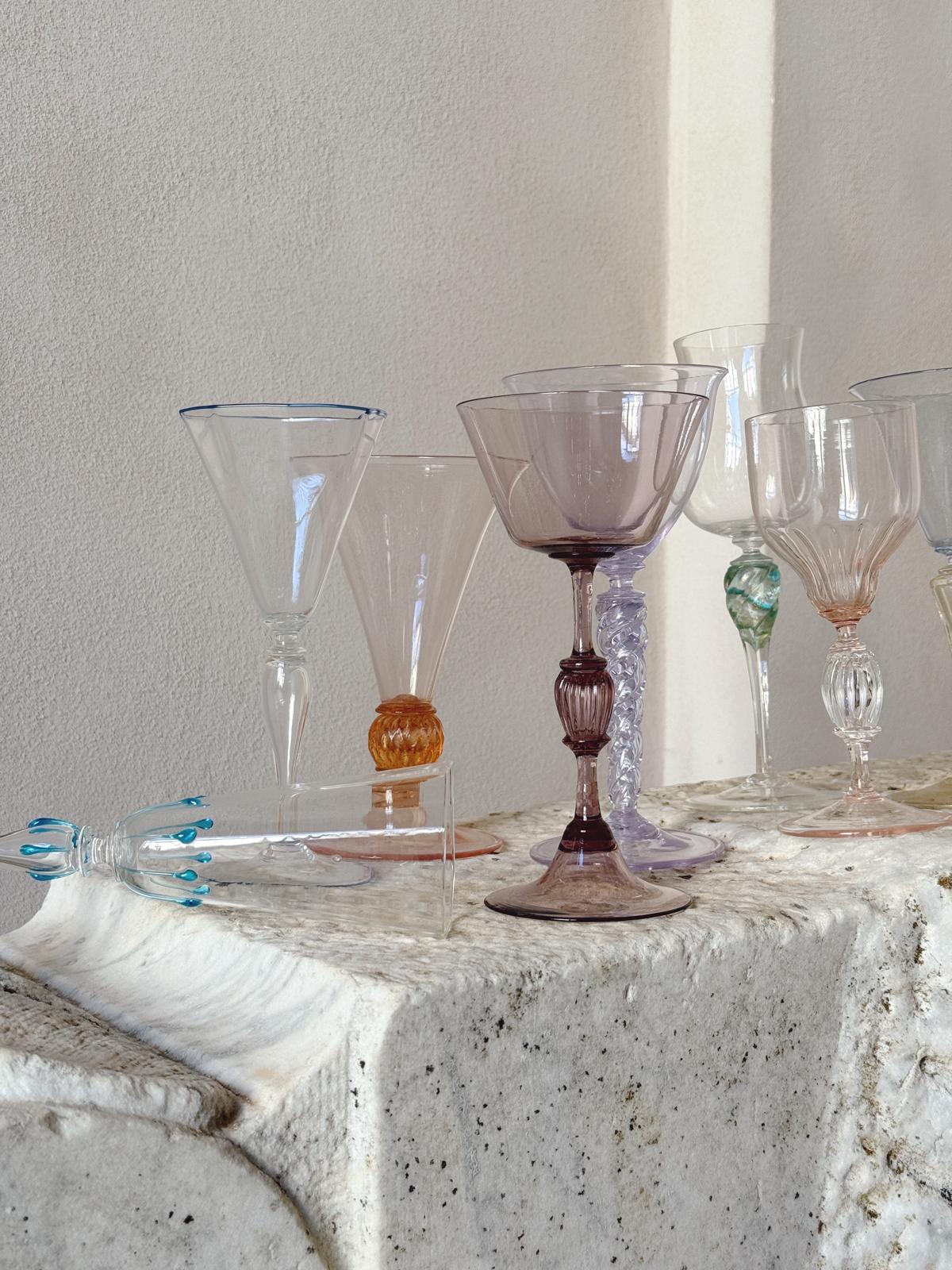 Perfectly Unmatched 1930s Duchessa Murano Wine Glasses (Set of 8)