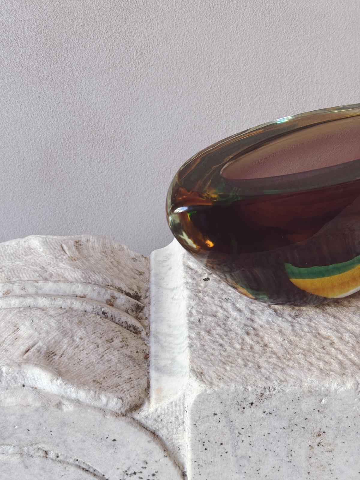1960s Large Flavio Poli Triple Sommerso Bowl in Brown, Green & Yellow