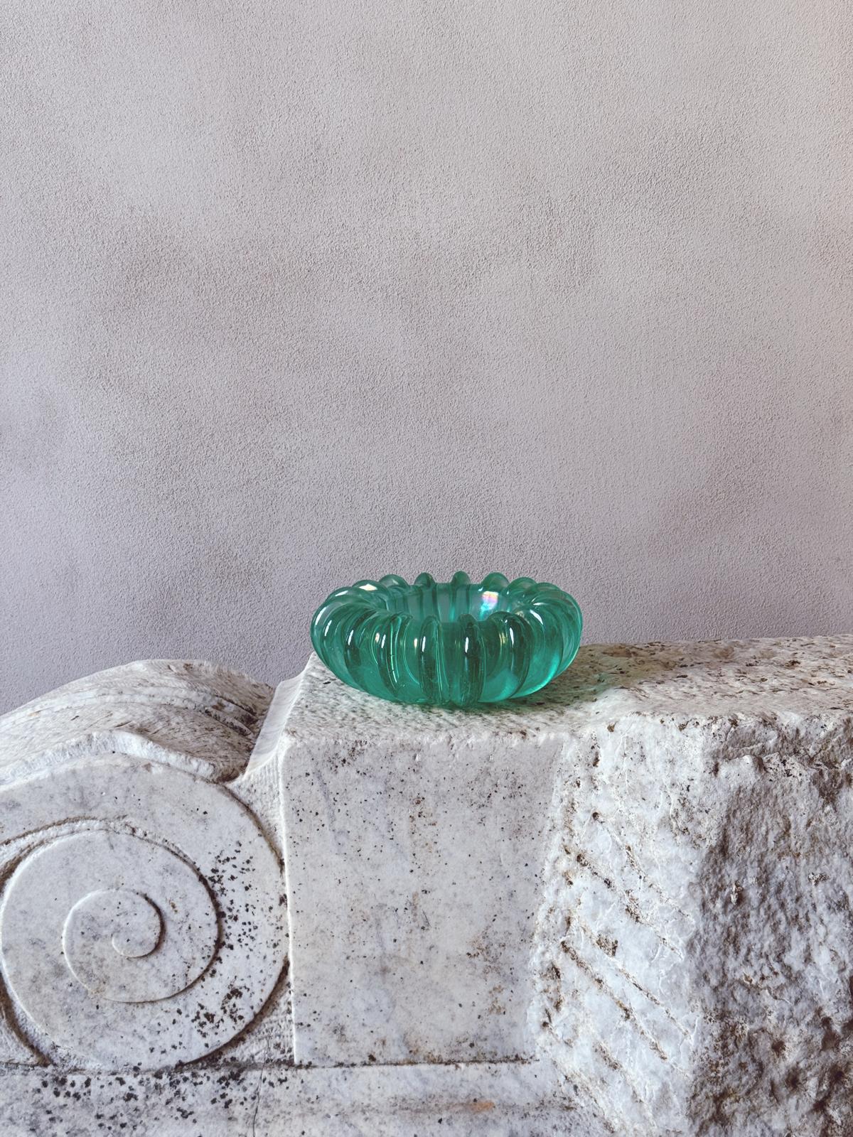 1970s Hand-blown Murano Glass Turquoise ridged bowl