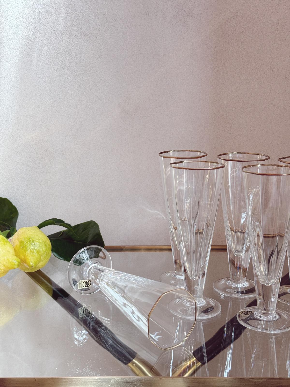 1970S Gold rimmed crystal prosecco flutes (Set of 6)