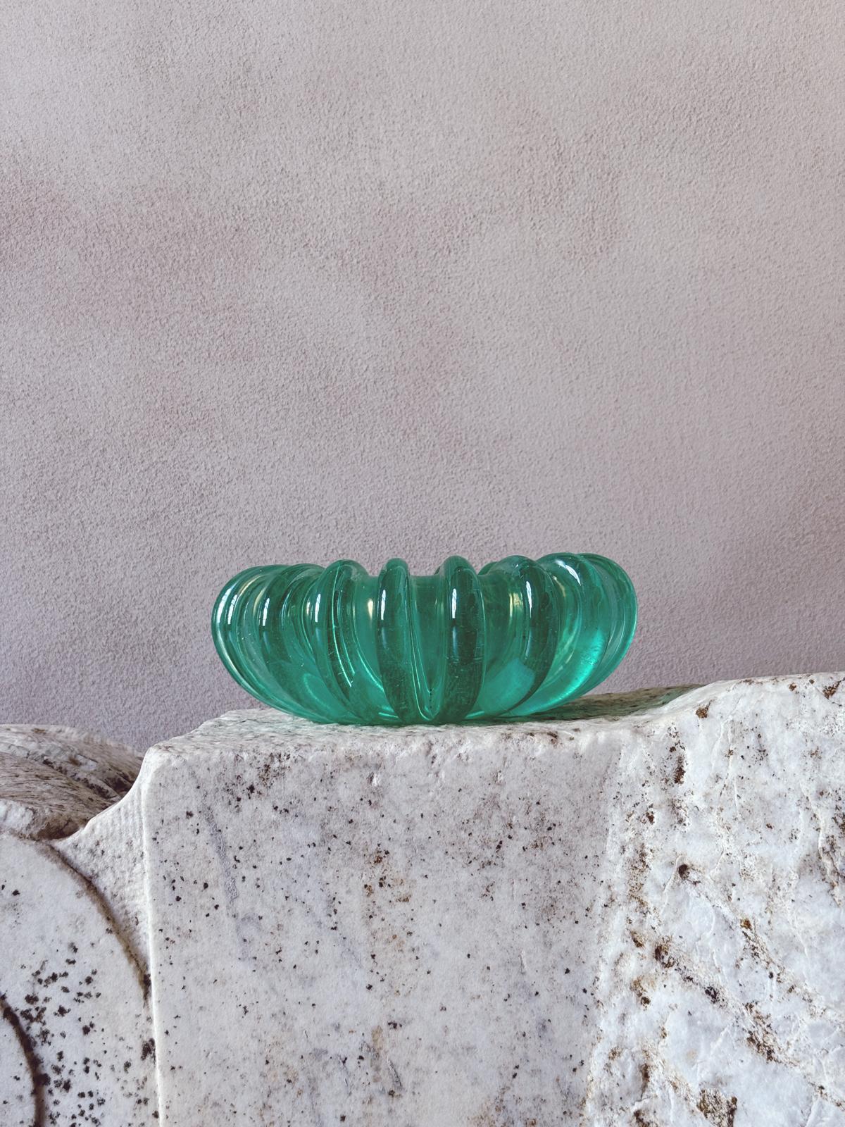 1970s Hand-blown Murano Glass Turquoise ridged bowl