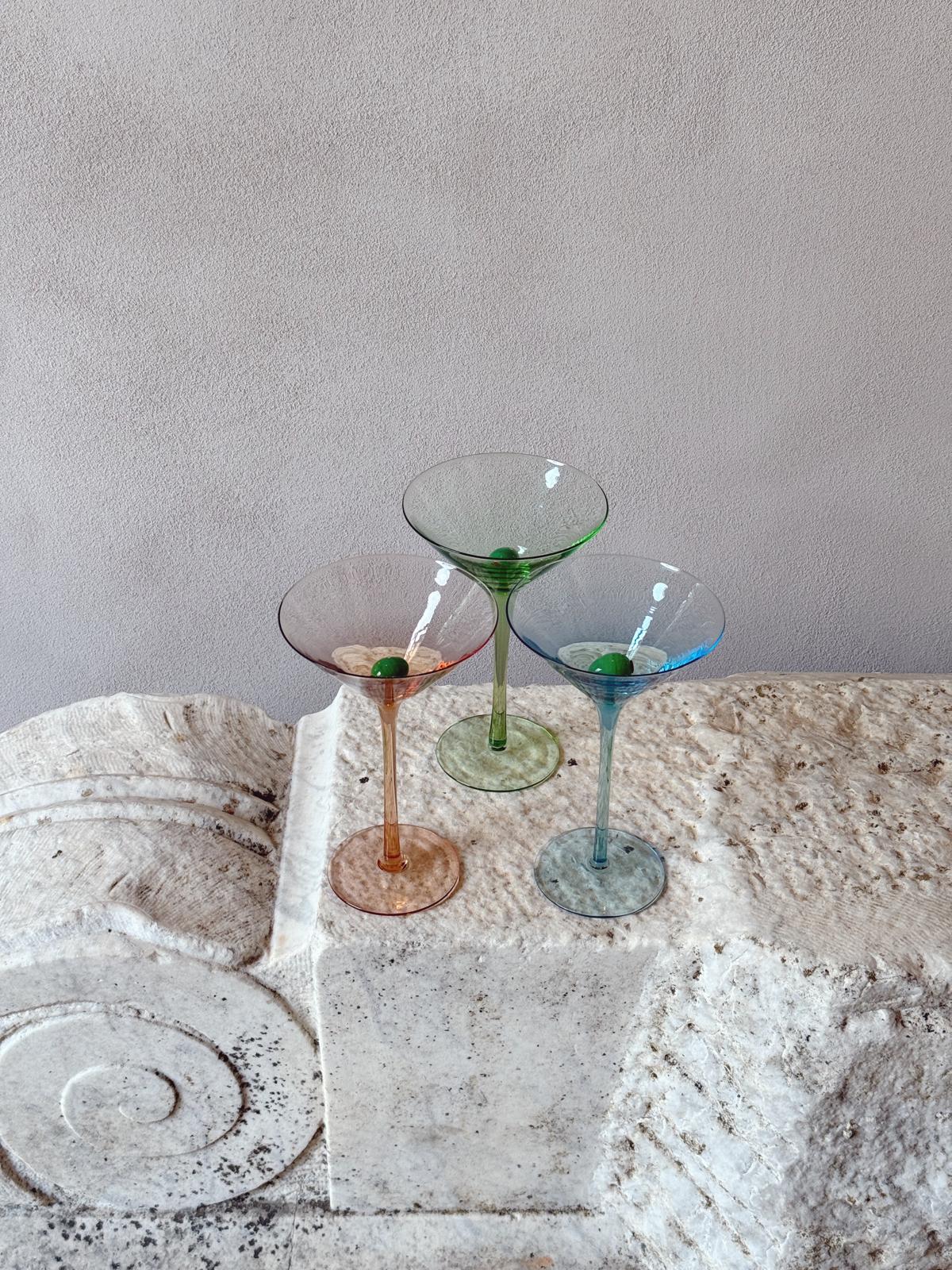 Set of Six 1980s Multi-colour Hand-Blown Cocktail Glasses with Murano Glass Olive