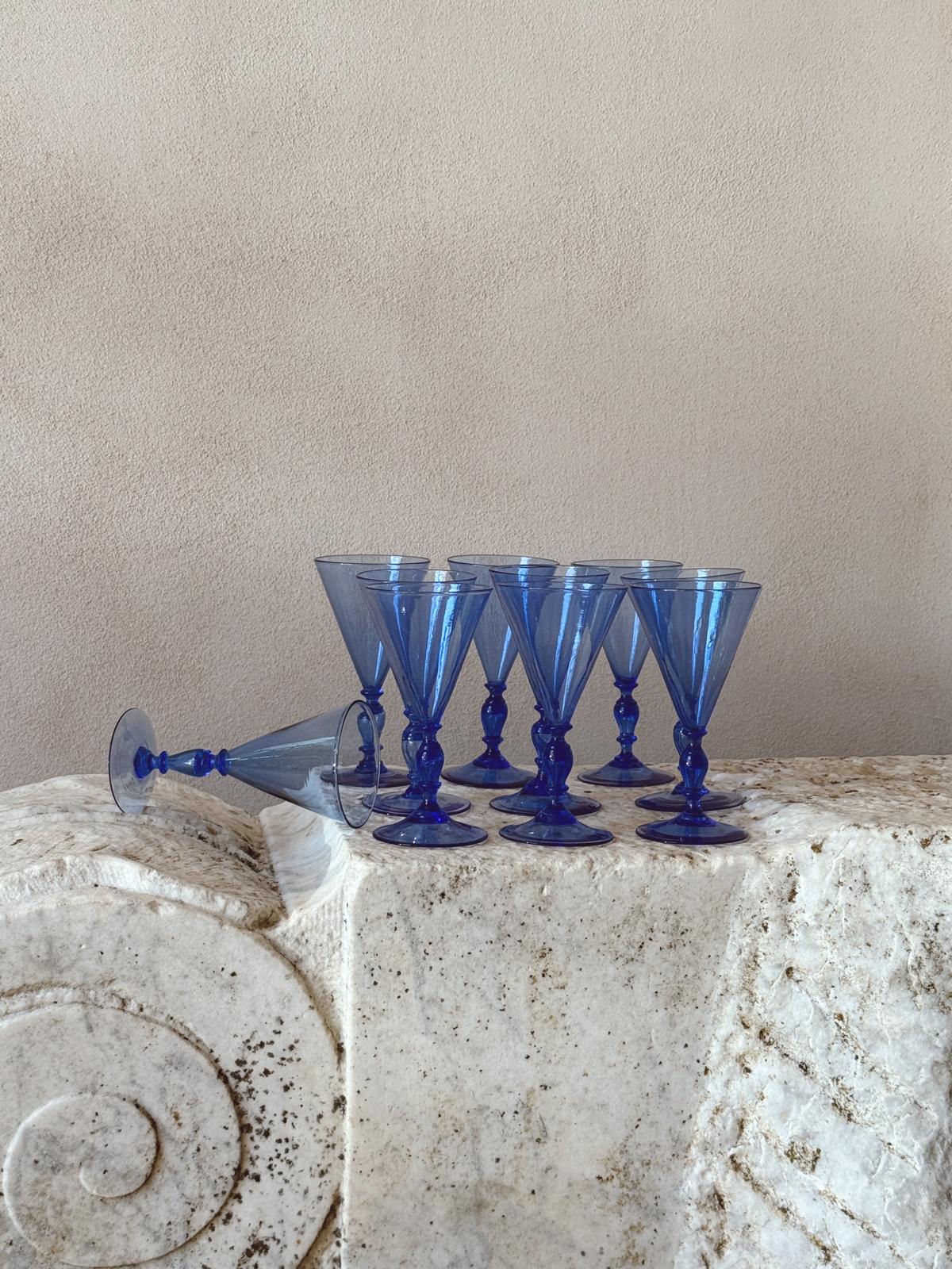 1920s Barovier Blue Hand-blown Murano Prosecco Glasses (Set of 10)
