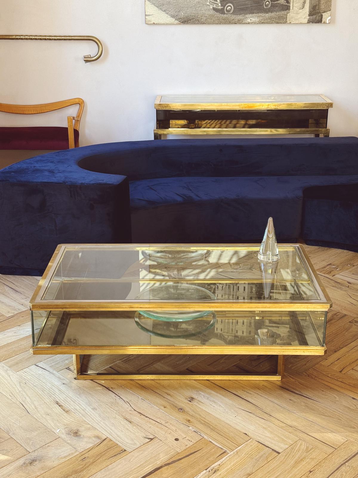 1960s Brass and Glass Coffee Table with sliding top