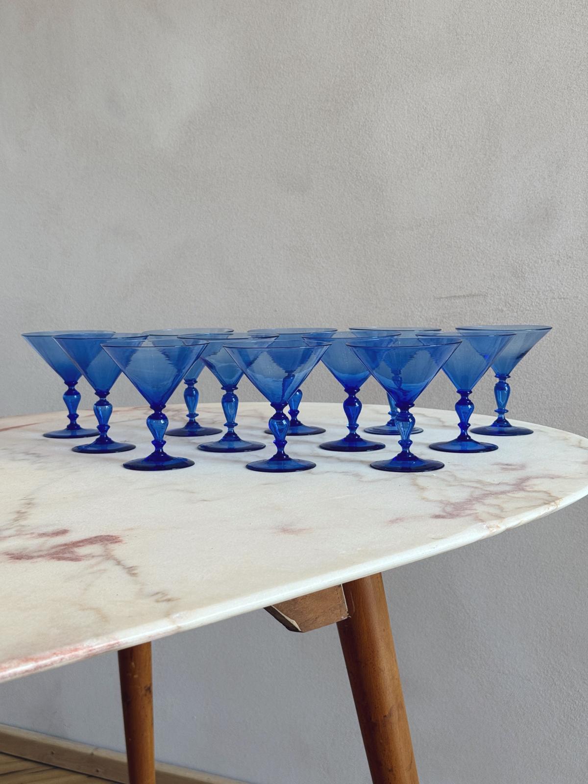 1920s Barovier Blue Hand-blown Murano Cocktail Glasses (Set of 12)