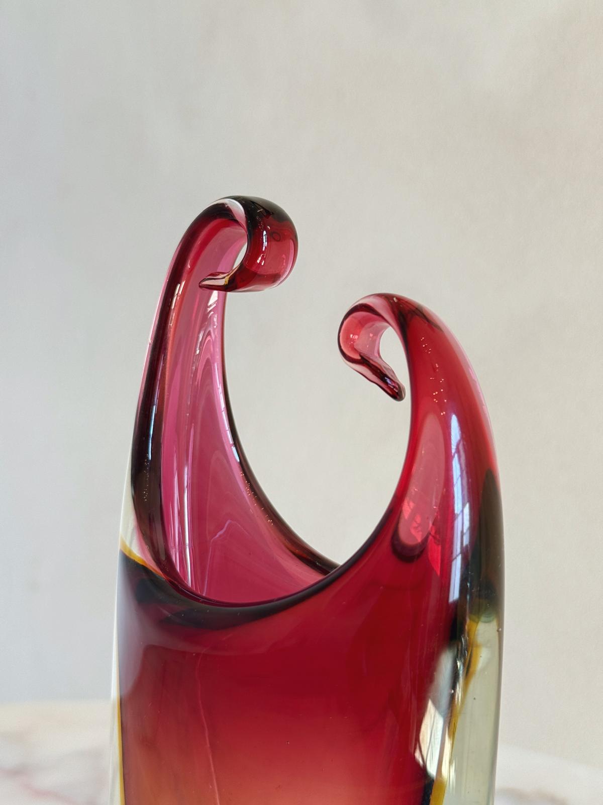 1970s Orange and Pink Triple Sommerso Murano Glass Curled Vase