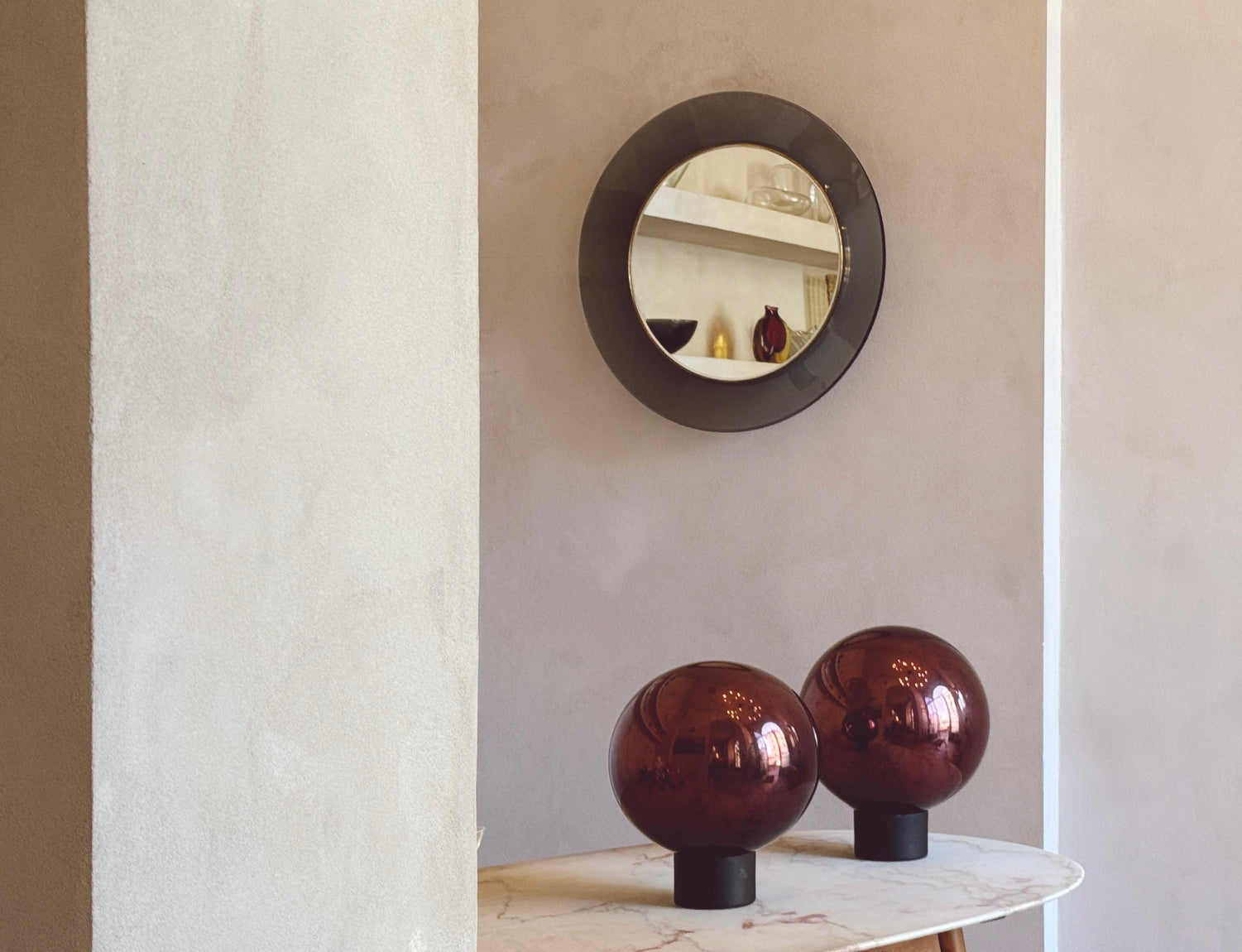 1950s Pair of Giant vintage Burgundy Mirrored Balls