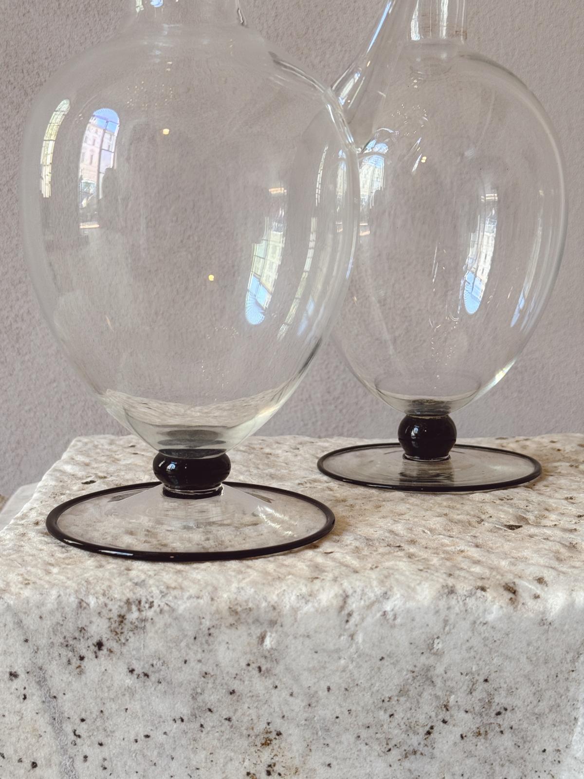 A 1940s Jug and Decanter Set in Hand-blown Murano Glass with Black detailing