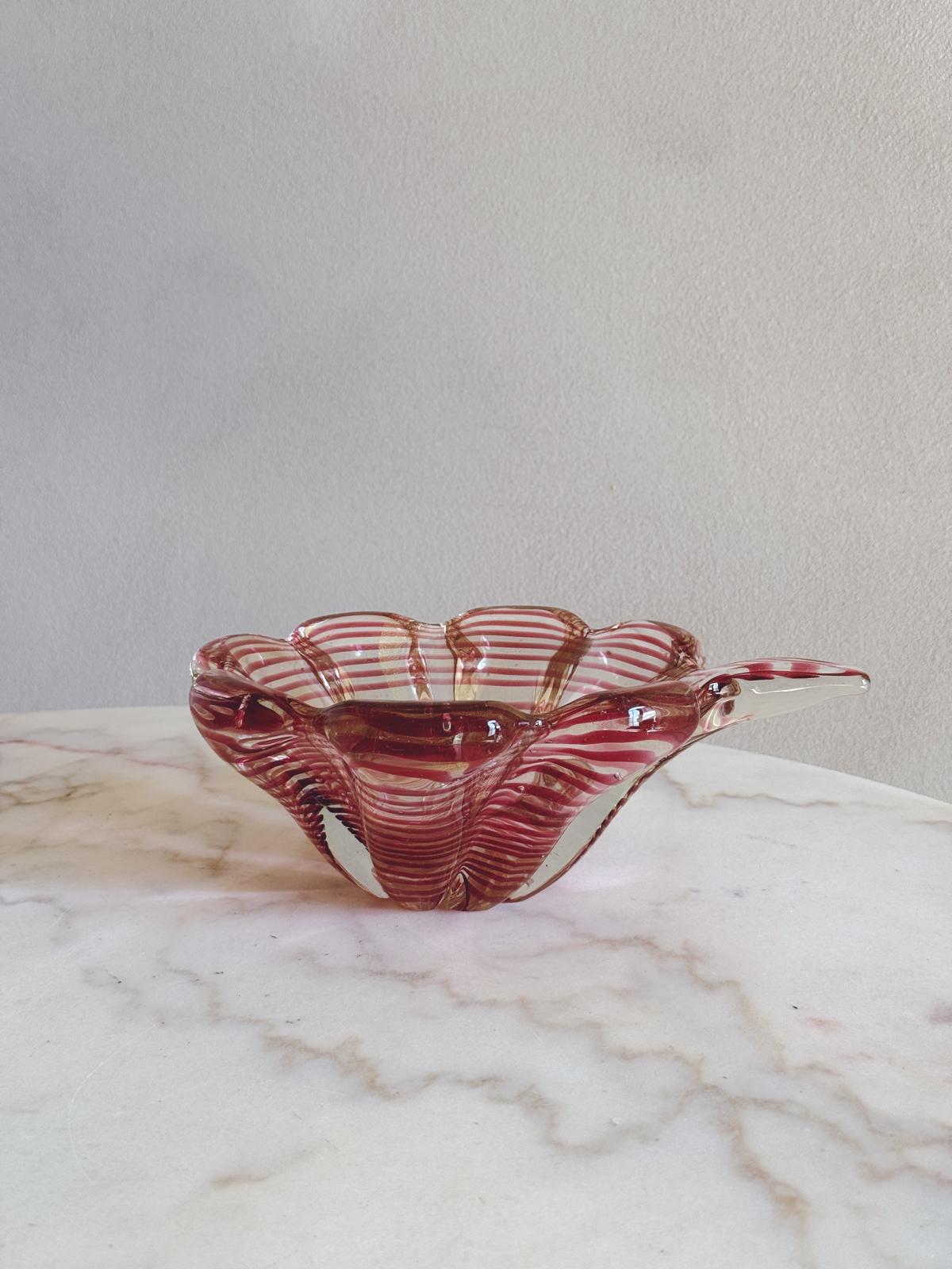 1950s Barovier Ogange Striped Murano Glass Flower Shaped Bowl