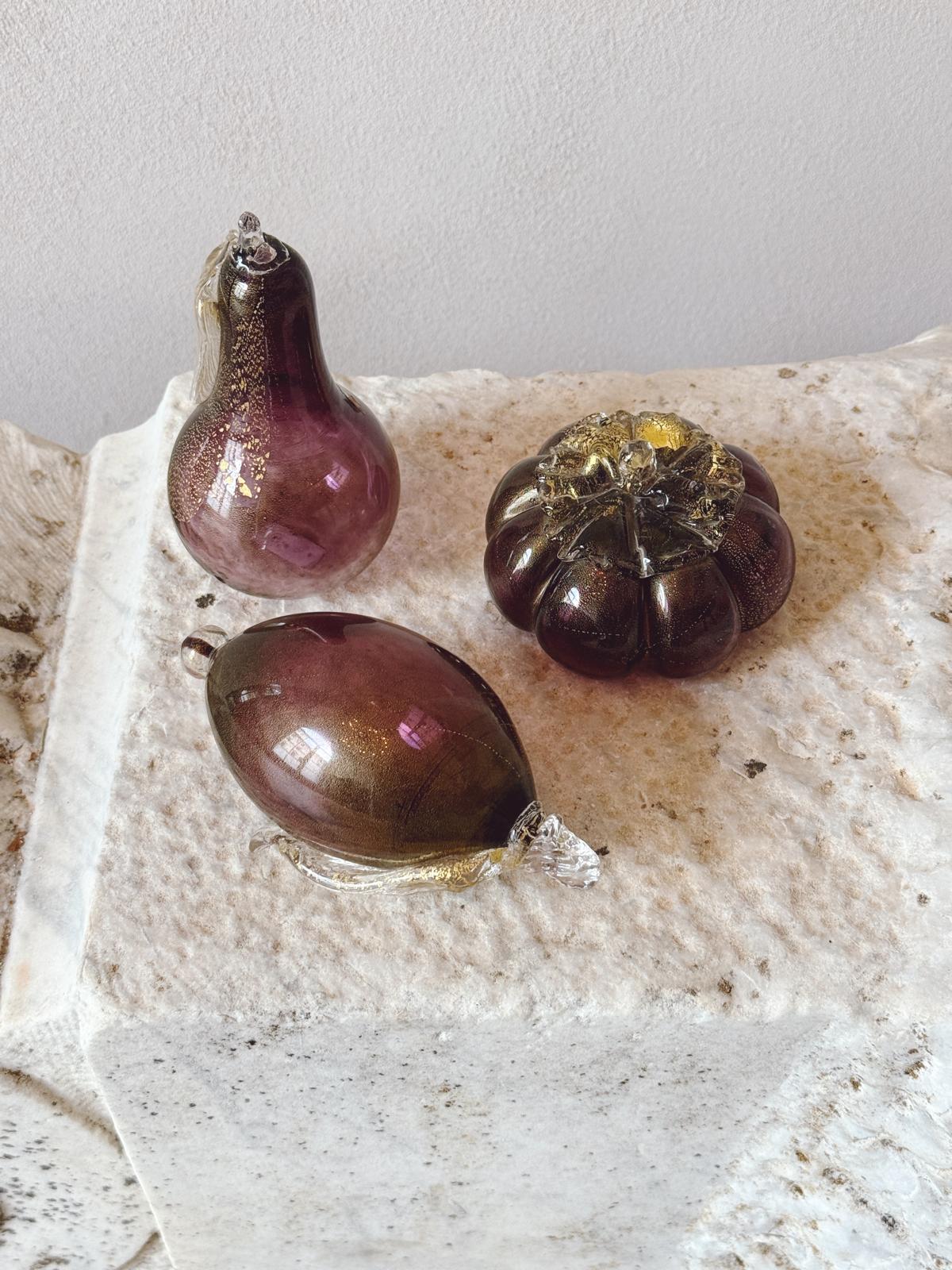 1970s Cenedese Set of Three Purple and gold Murano Glass Fruit