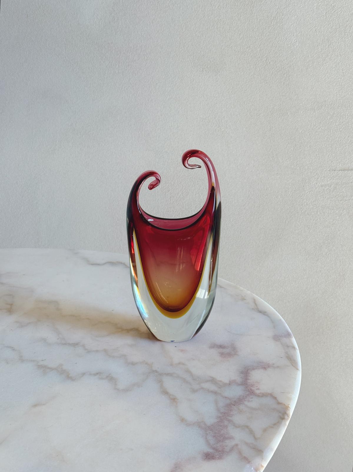1970s Orange and Pink Triple Sommerso Murano Glass Curled Vase