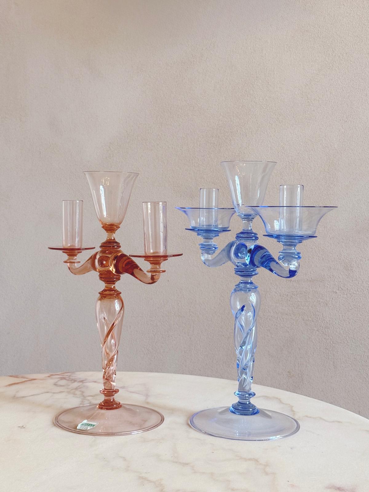 Pair of Hand-Blown Murano Glass Blue and Pink Candelabra by Pauly & Co, 1940s