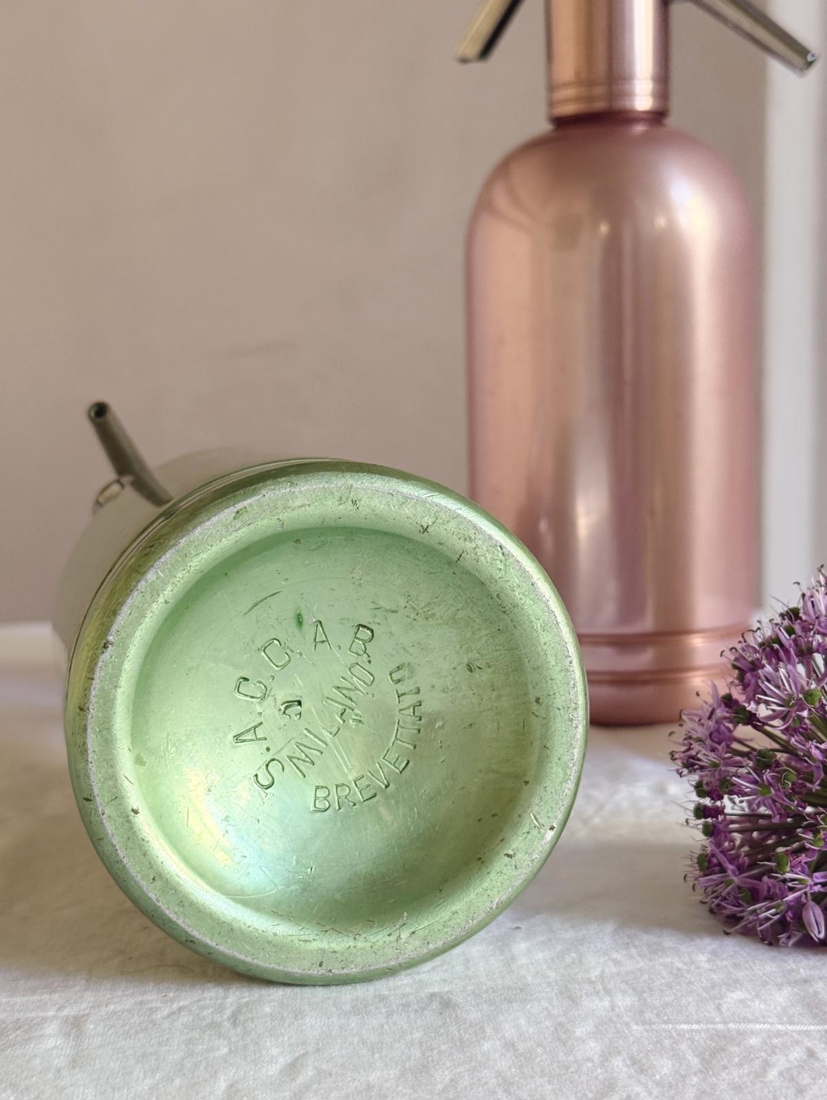 Set of Three 1950s Green and Pink Metal Soda Bottles