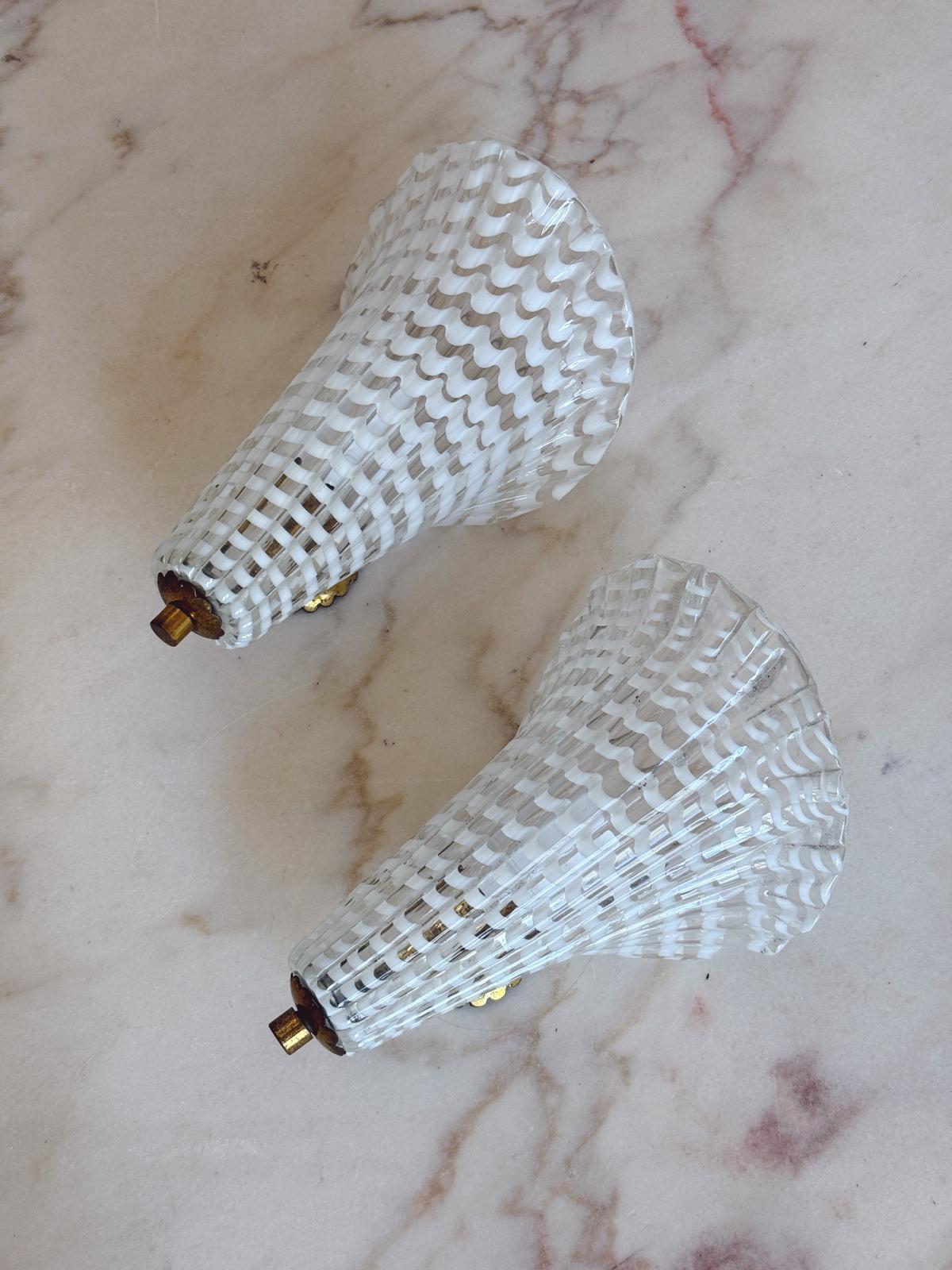 Pair of 1950s Murano Glass Reticello Appliques