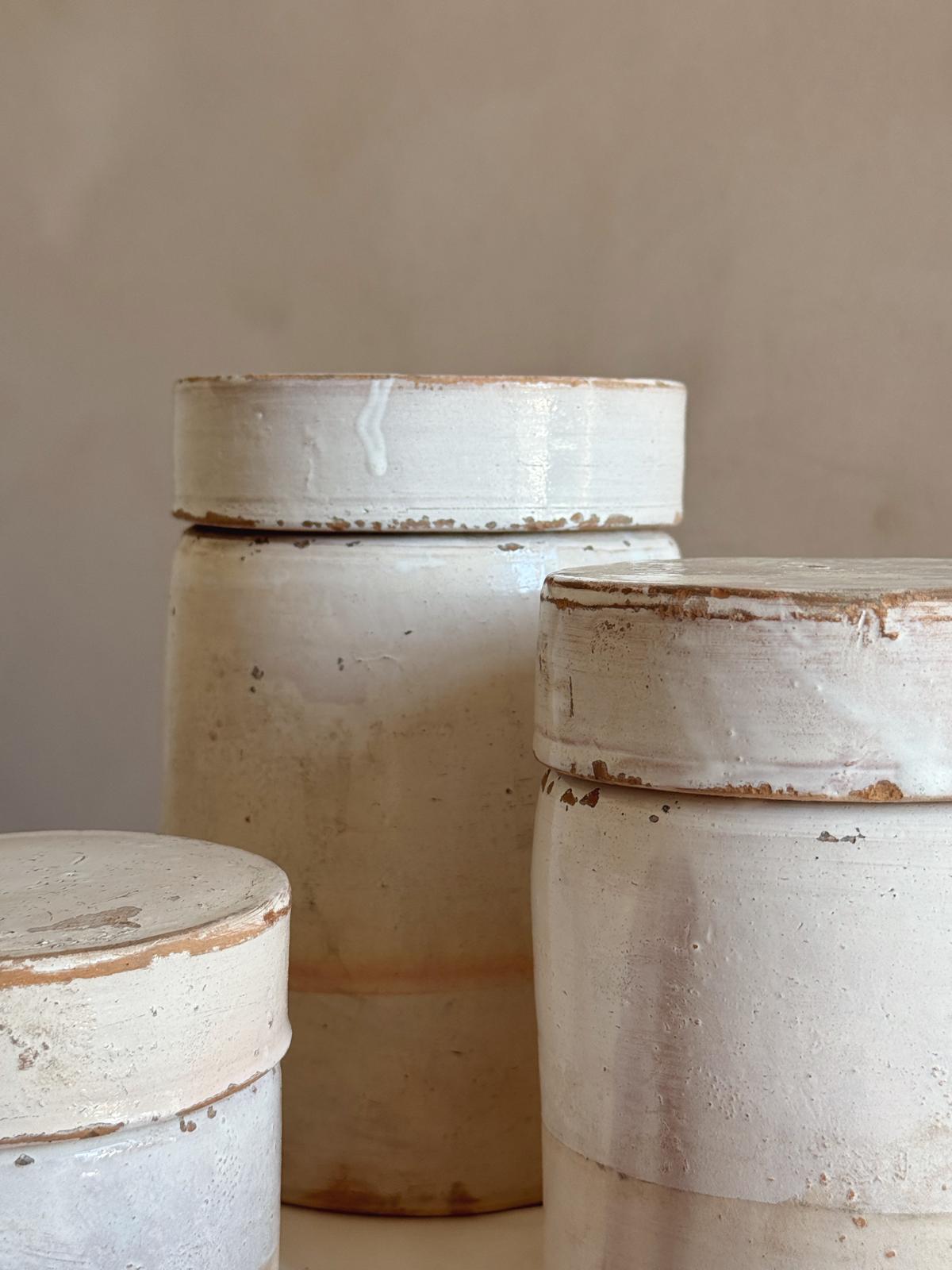 1940s Set of 3 Pugliese Cream Ceramic Pots