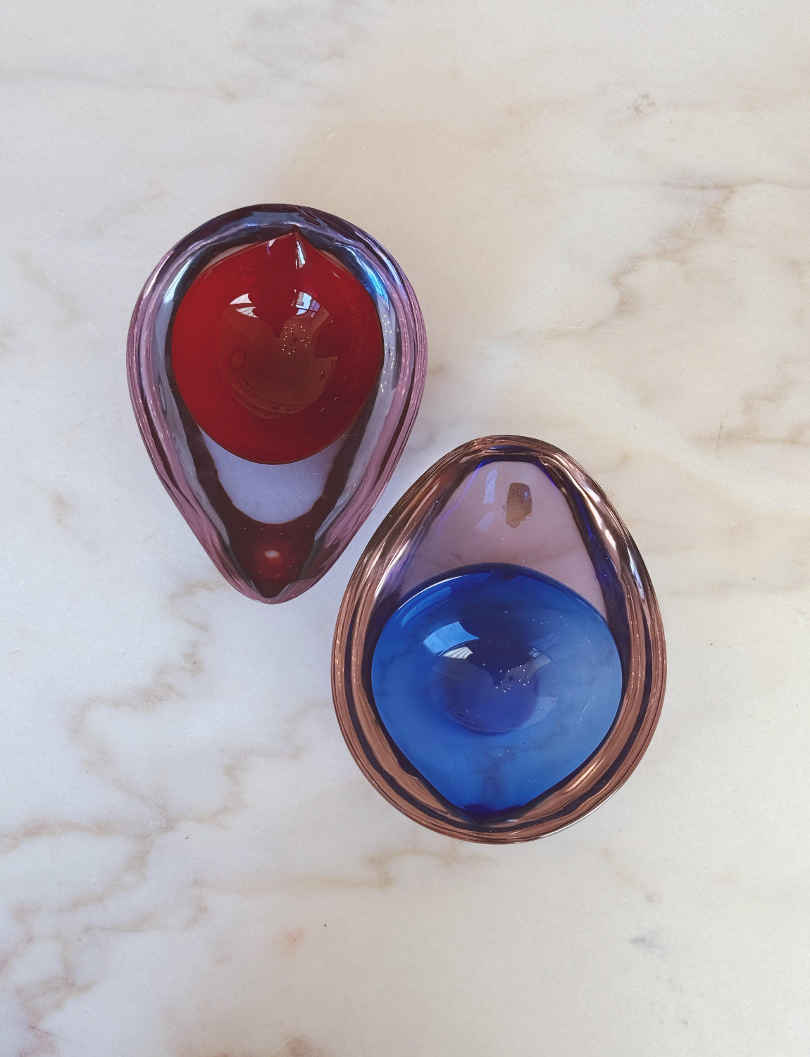 Flavio Poli 1960s Pair of Oval Sommerso Bowls in Purple & Blue and Pink & Red