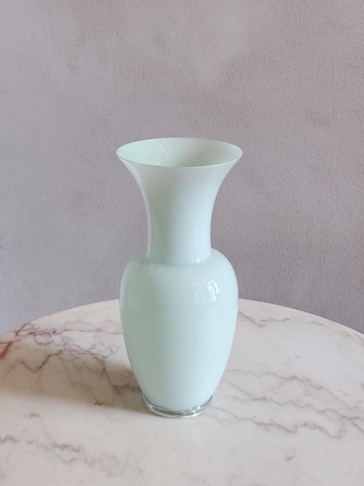 Pair of Powder Blue and Green Hand-blown Murano Glass Venini Vases, 1980s