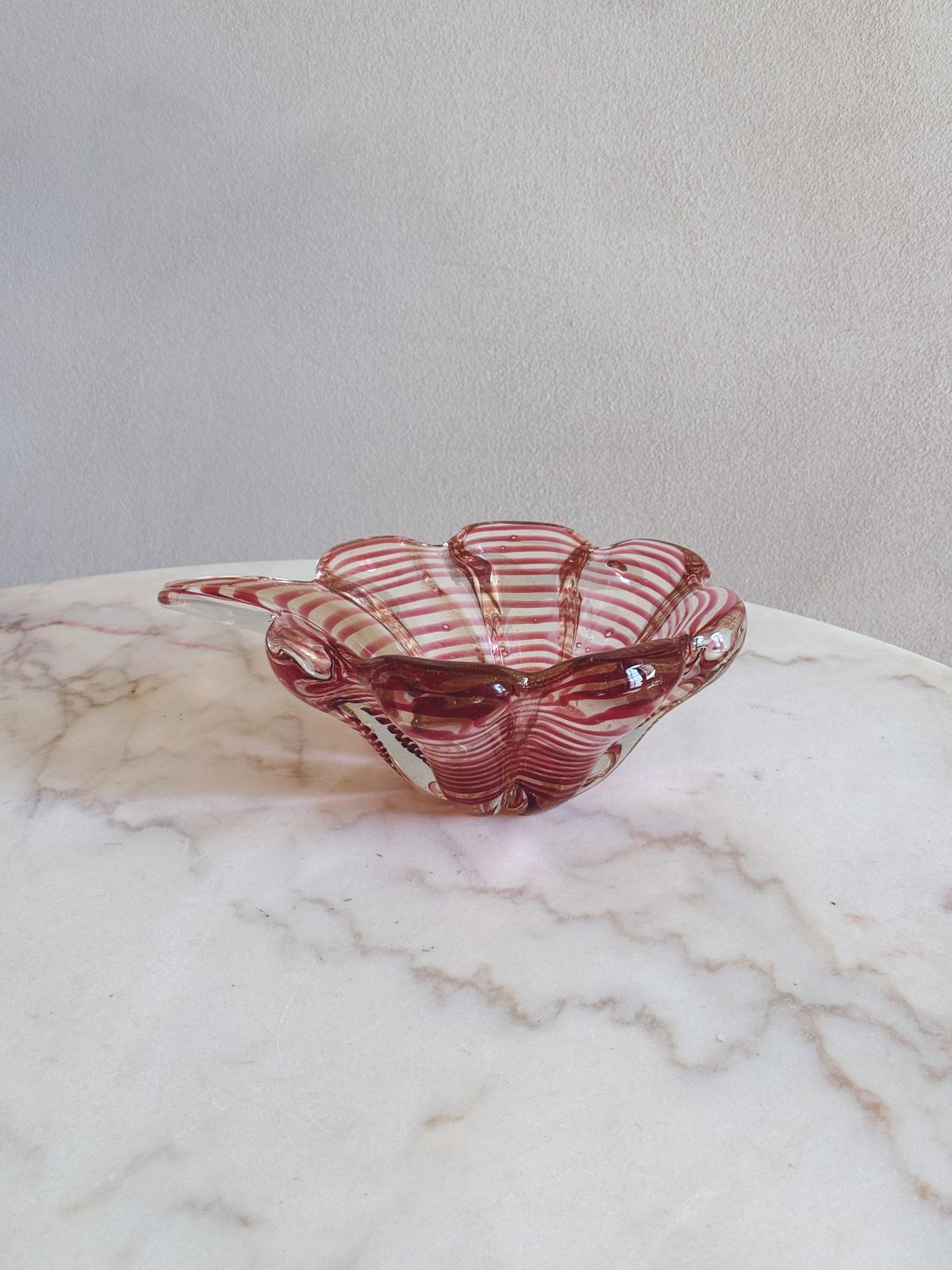 1950s Barovier Ogange Striped Murano Glass Flower Shaped Bowl
