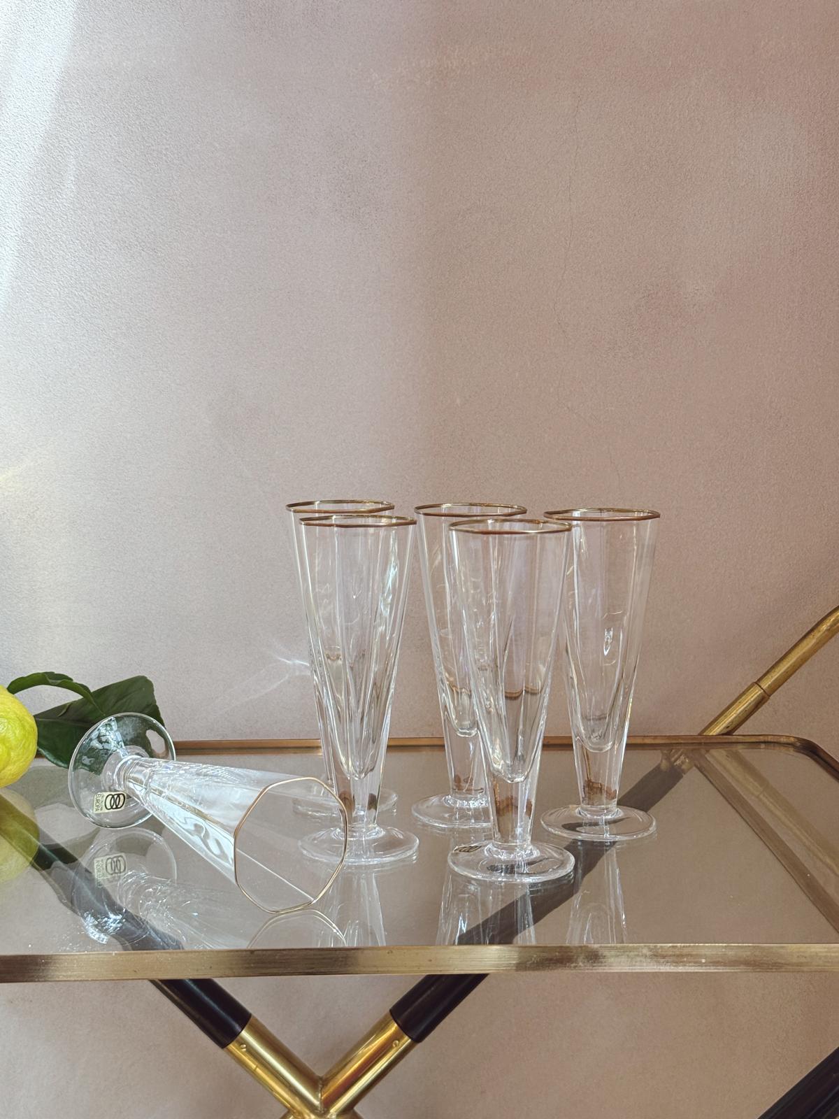 1970S Gold rimmed crystal prosecco flutes (Set of 6)