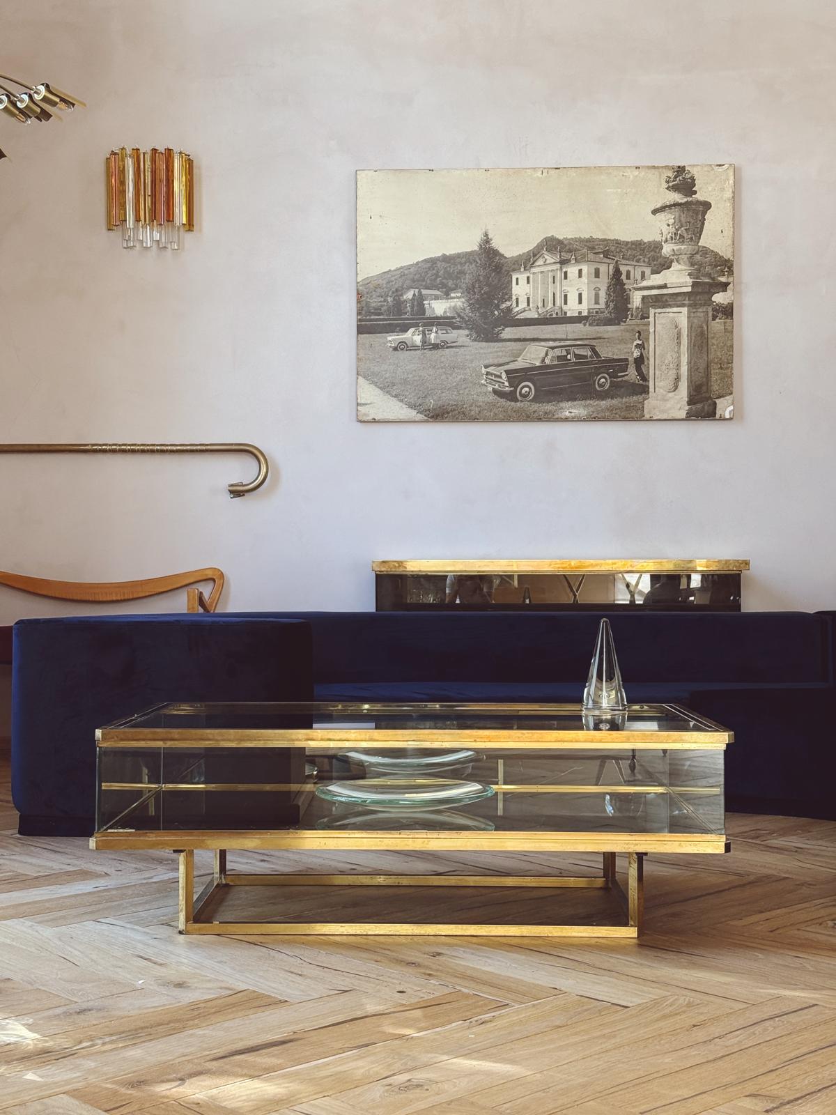 1960s Brass and Glass Coffee Table with sliding top