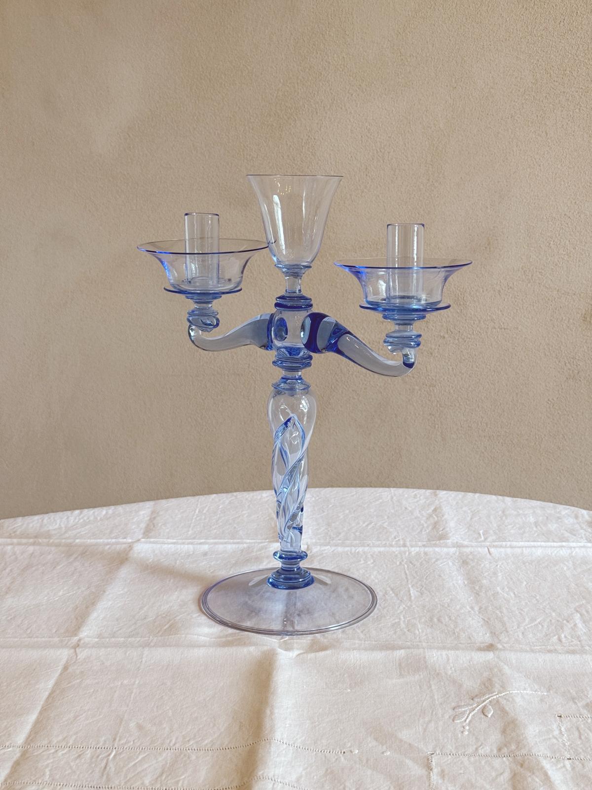 Hand-Blown Murano Glass Blue Candelabra by Pauly & Co, 1940s